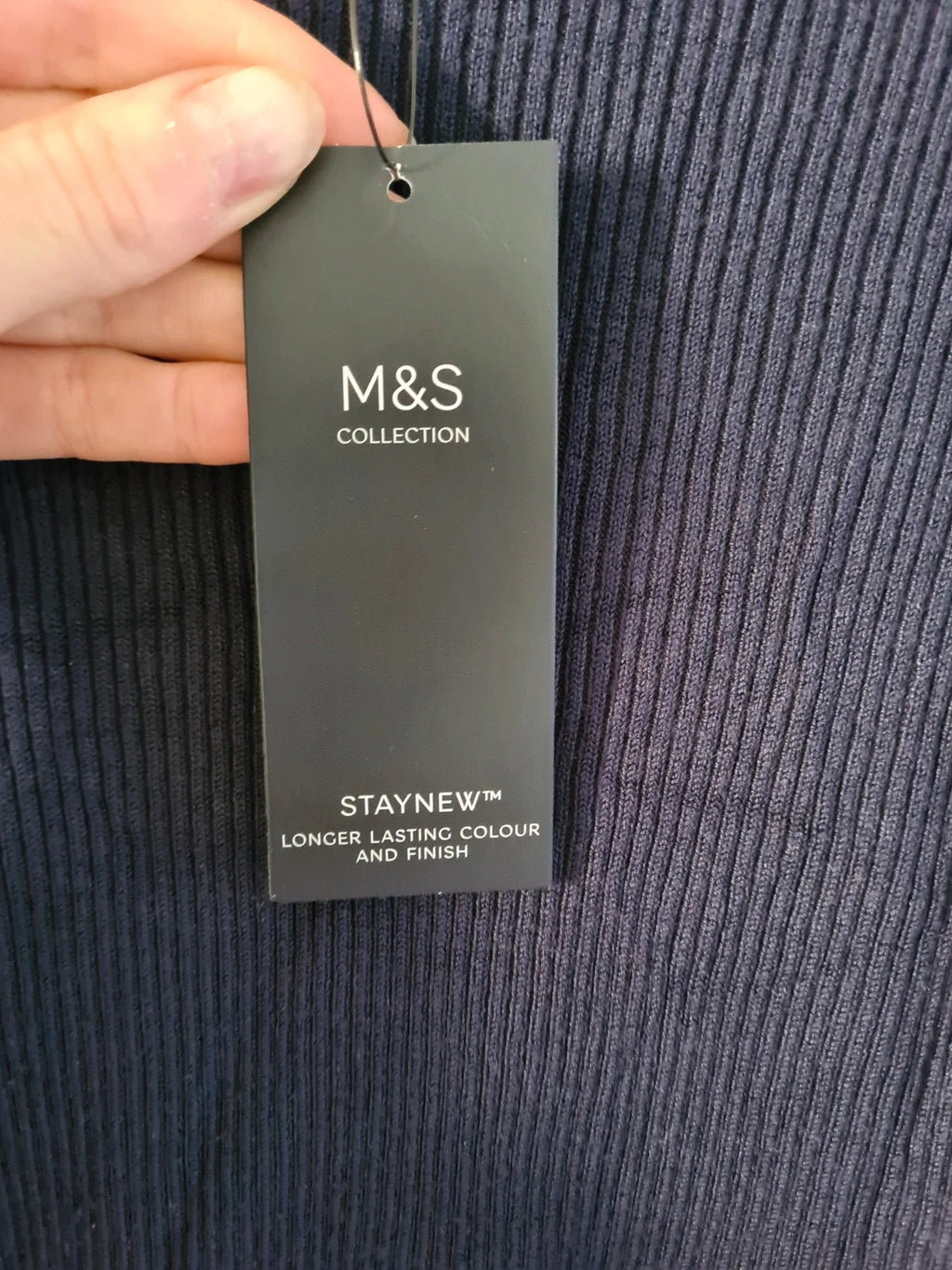 M&S women navy mix knitted ribbed sweater long sleeve top crew neck stripes on side casual L/12
