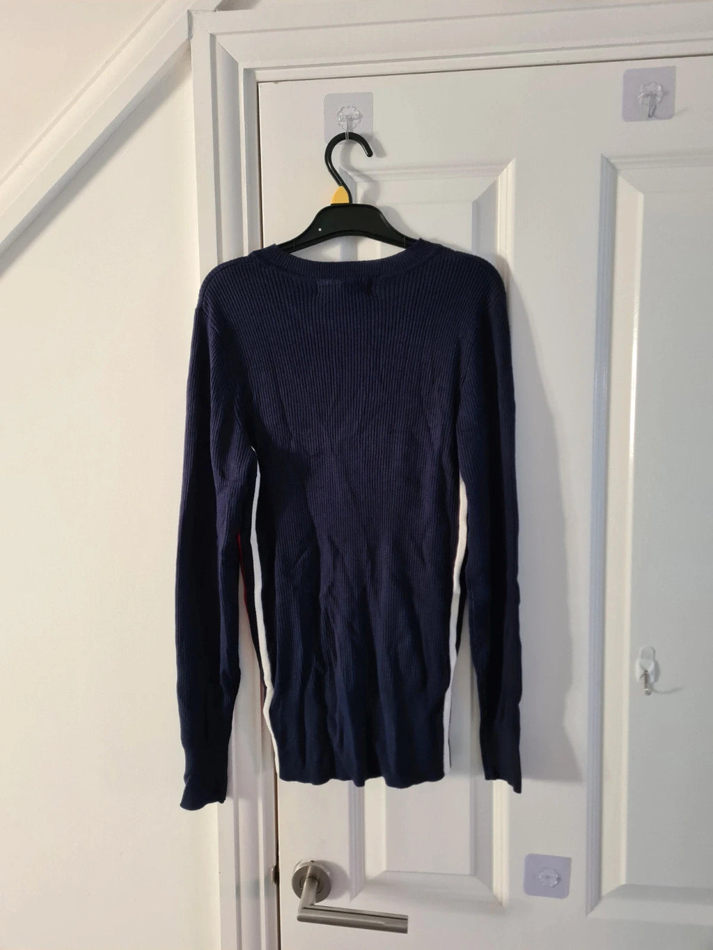 M&S women navy mix knitted ribbed sweater long sleeve top crew neck stripes on side casual L/12