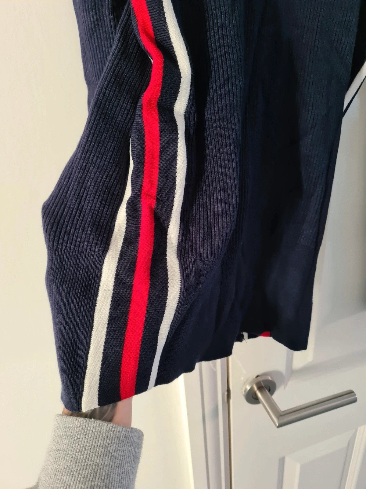 M&S women navy mix knitted ribbed sweater long sleeve top crew neck stripes on side casual L/12
