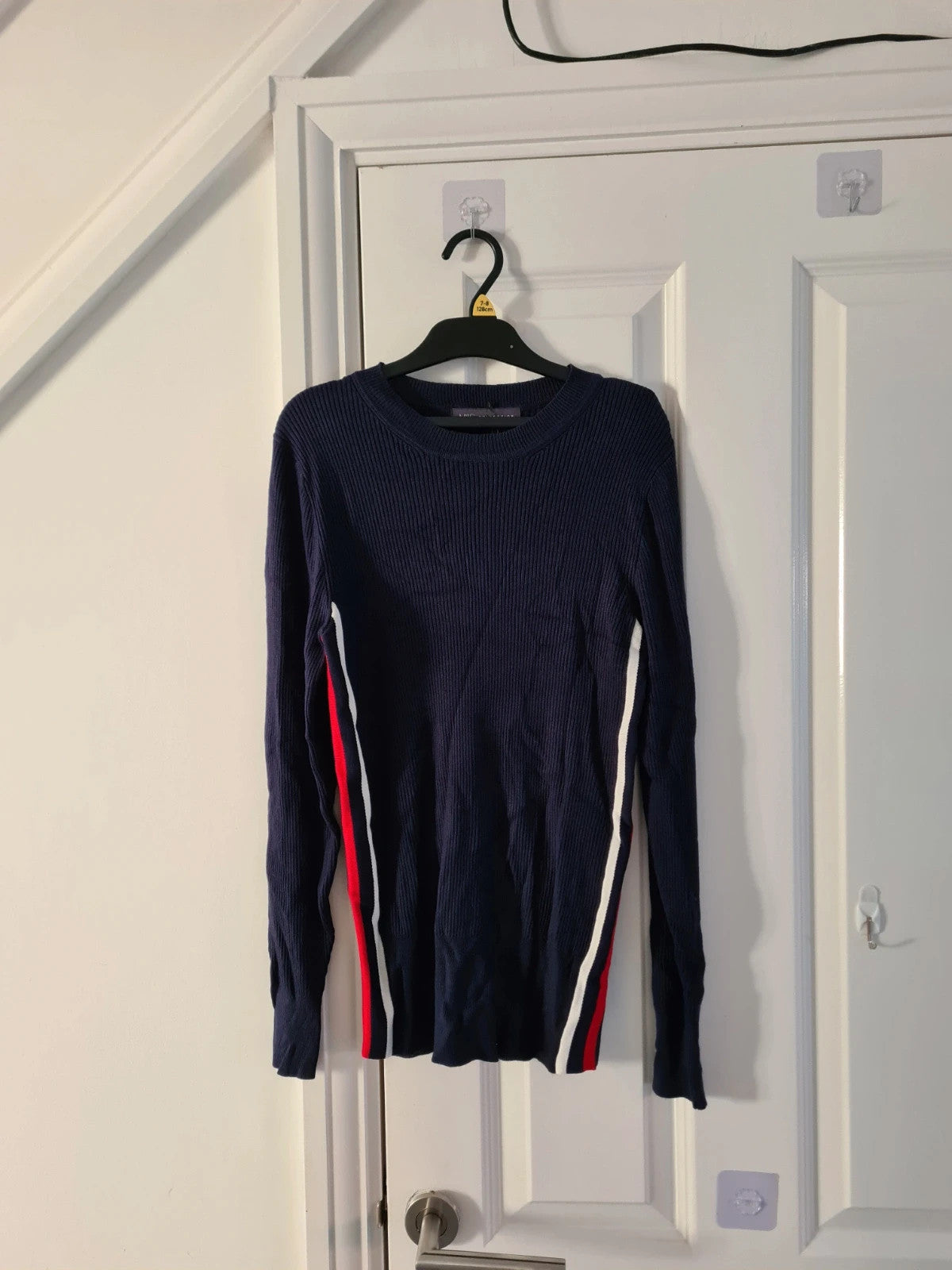M&S women navy mix knitted ribbed sweater long sleeve top crew neck stripes on side casual L/12