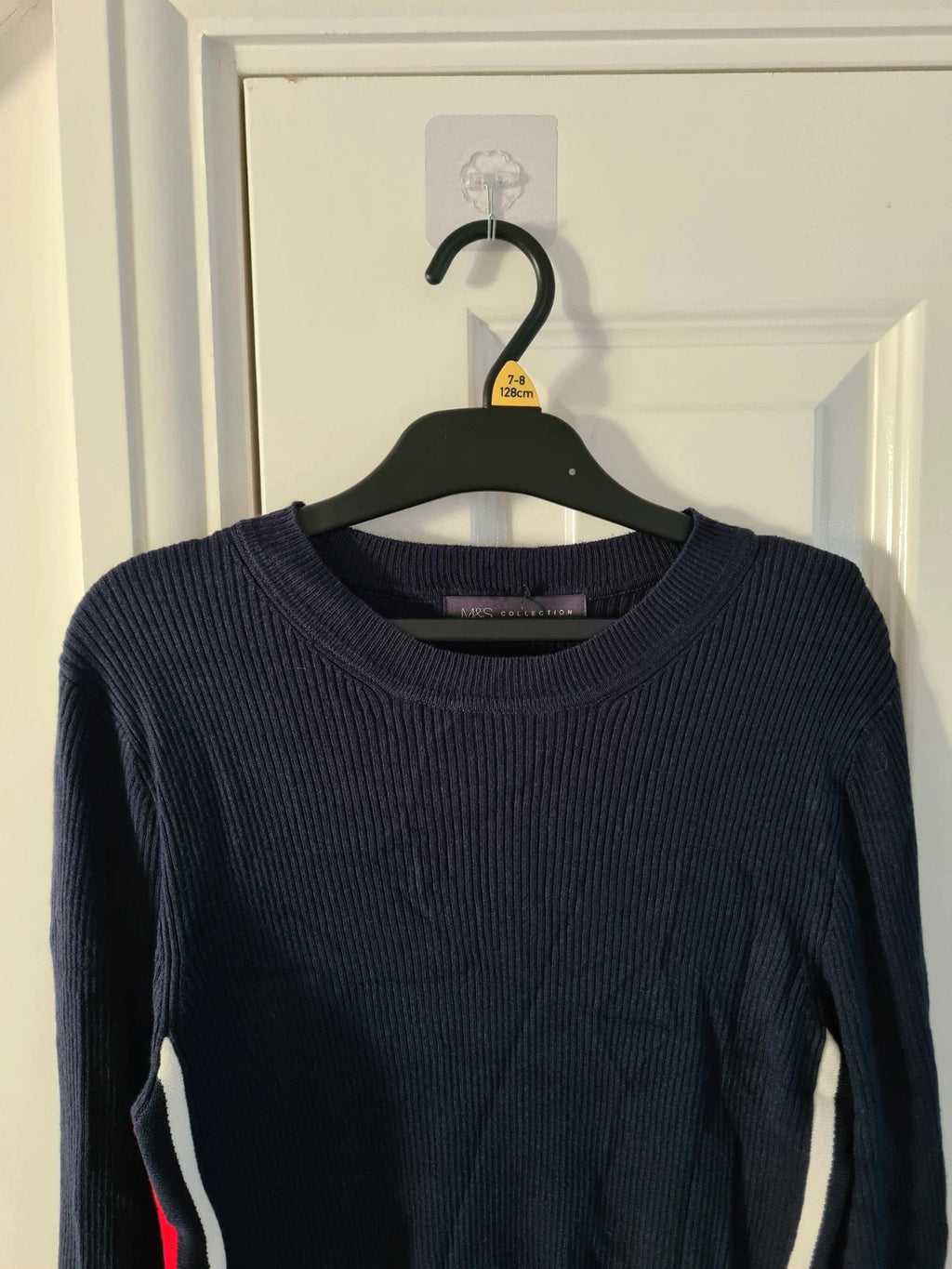 M&S women navy mix knitted ribbed sweater long sleeve top crew neck stripes on side casual L/12