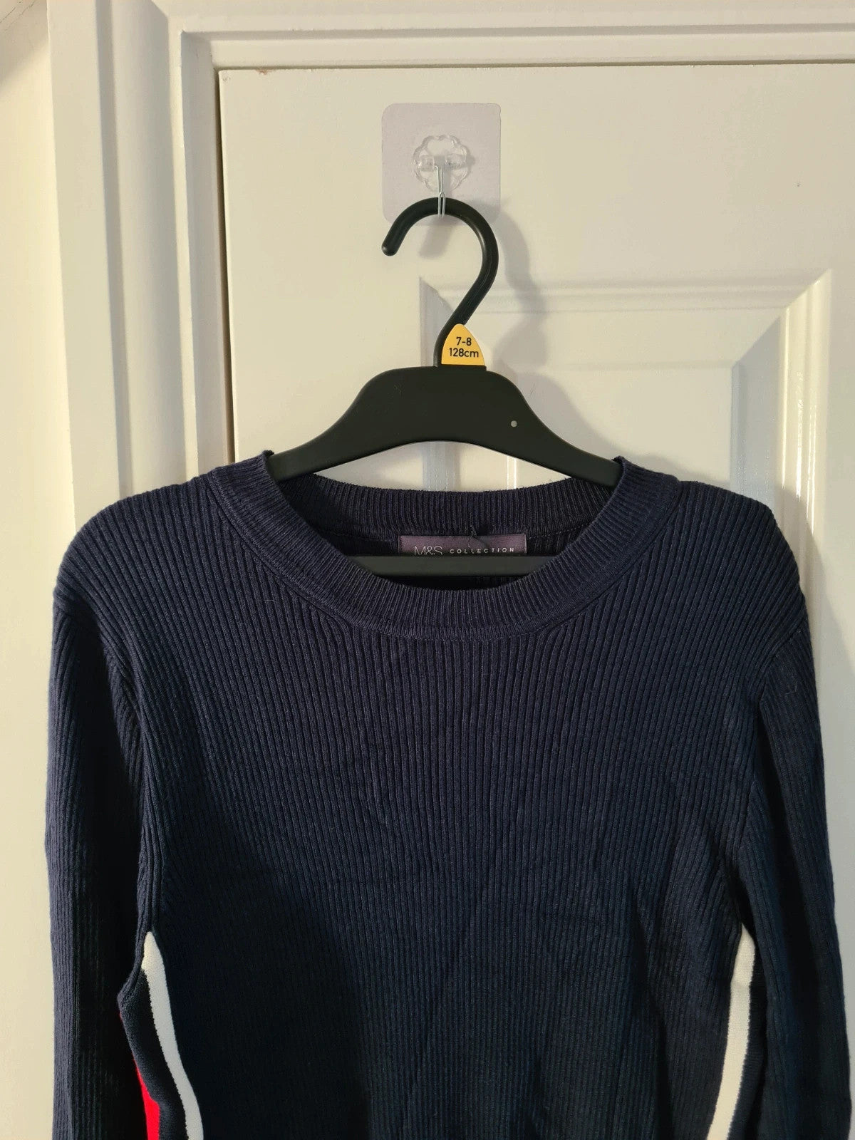 M&S women navy mix knitted ribbed sweater long sleeve top crew neck stripes on side casual L/12