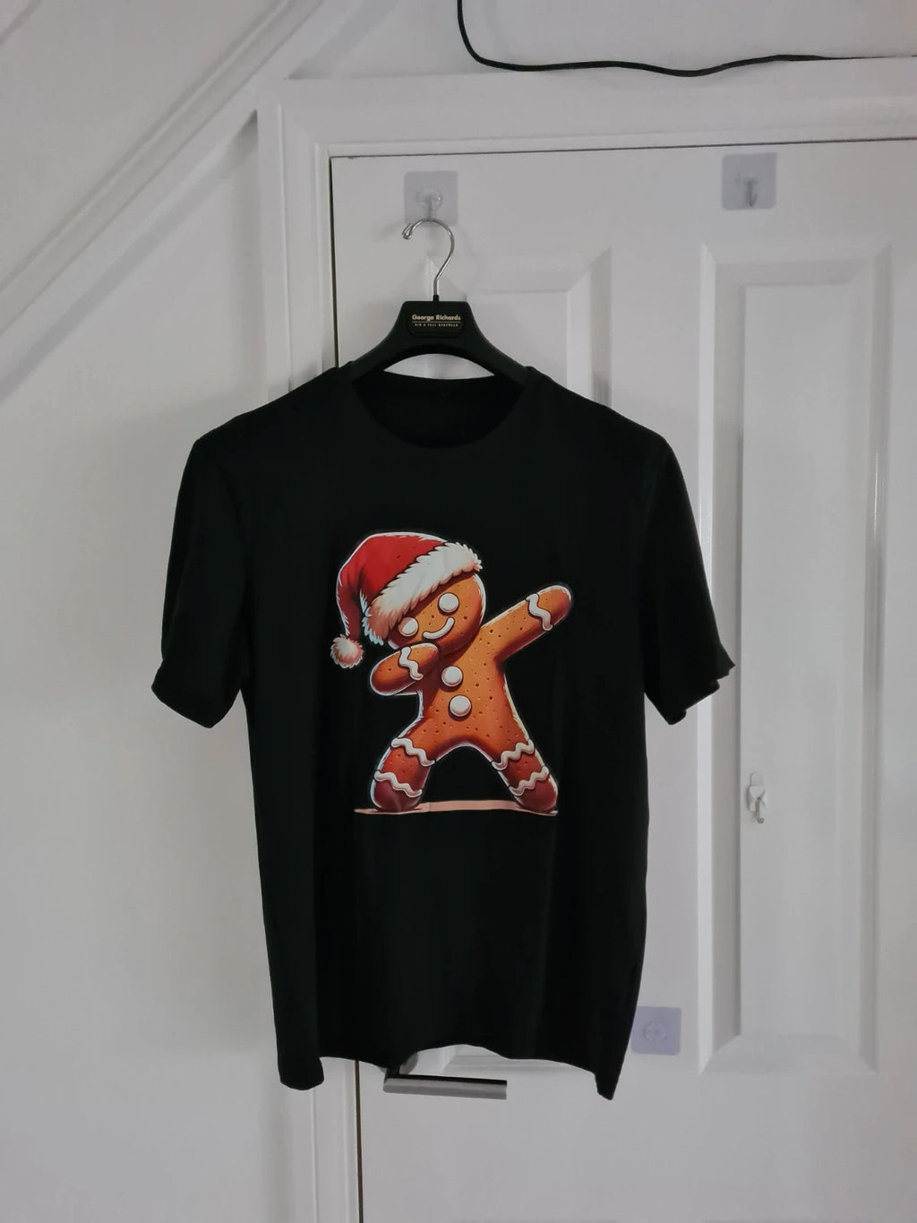 Generic men black T-shirt gingerbread men print short sleeve crew neck Xmas tee L