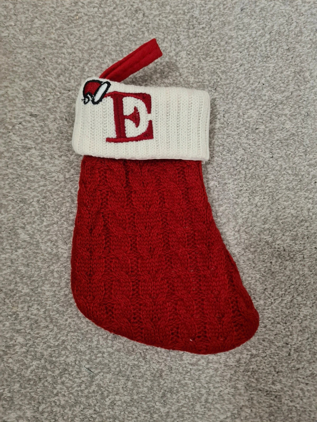 Generic small 1pc Xmas stocking red/white embroidered letter E hanging sock knitted