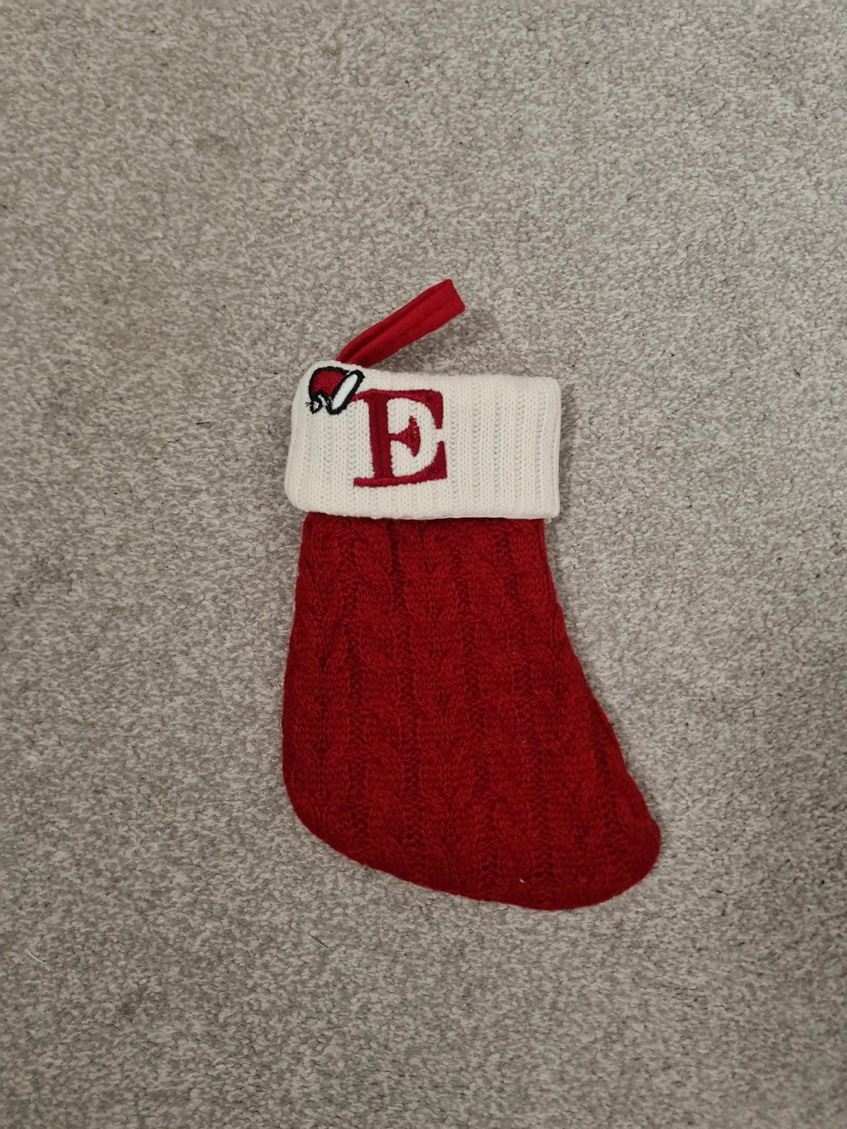 Generic small 1pc Xmas stocking red/white embroidered letter E hanging sock knitted