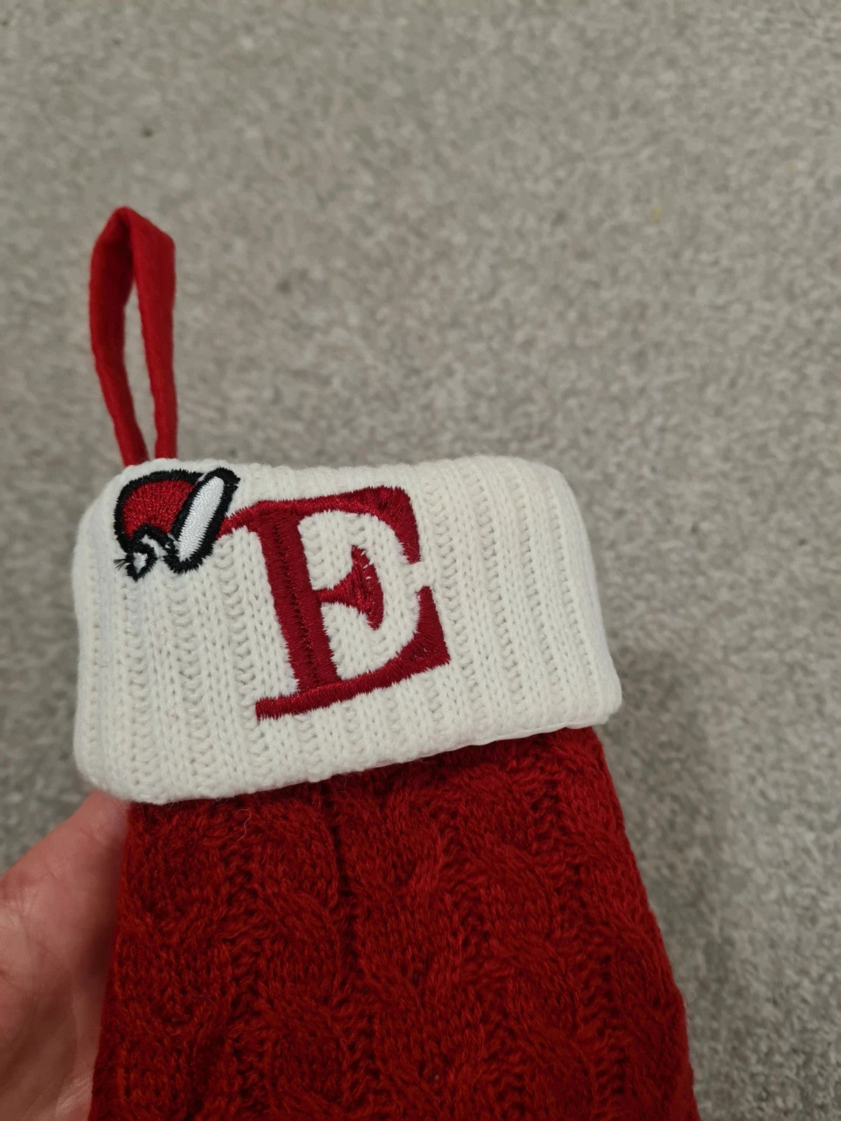 Generic small 1pc Xmas stocking red/white embroidered letter E hanging sock knitted