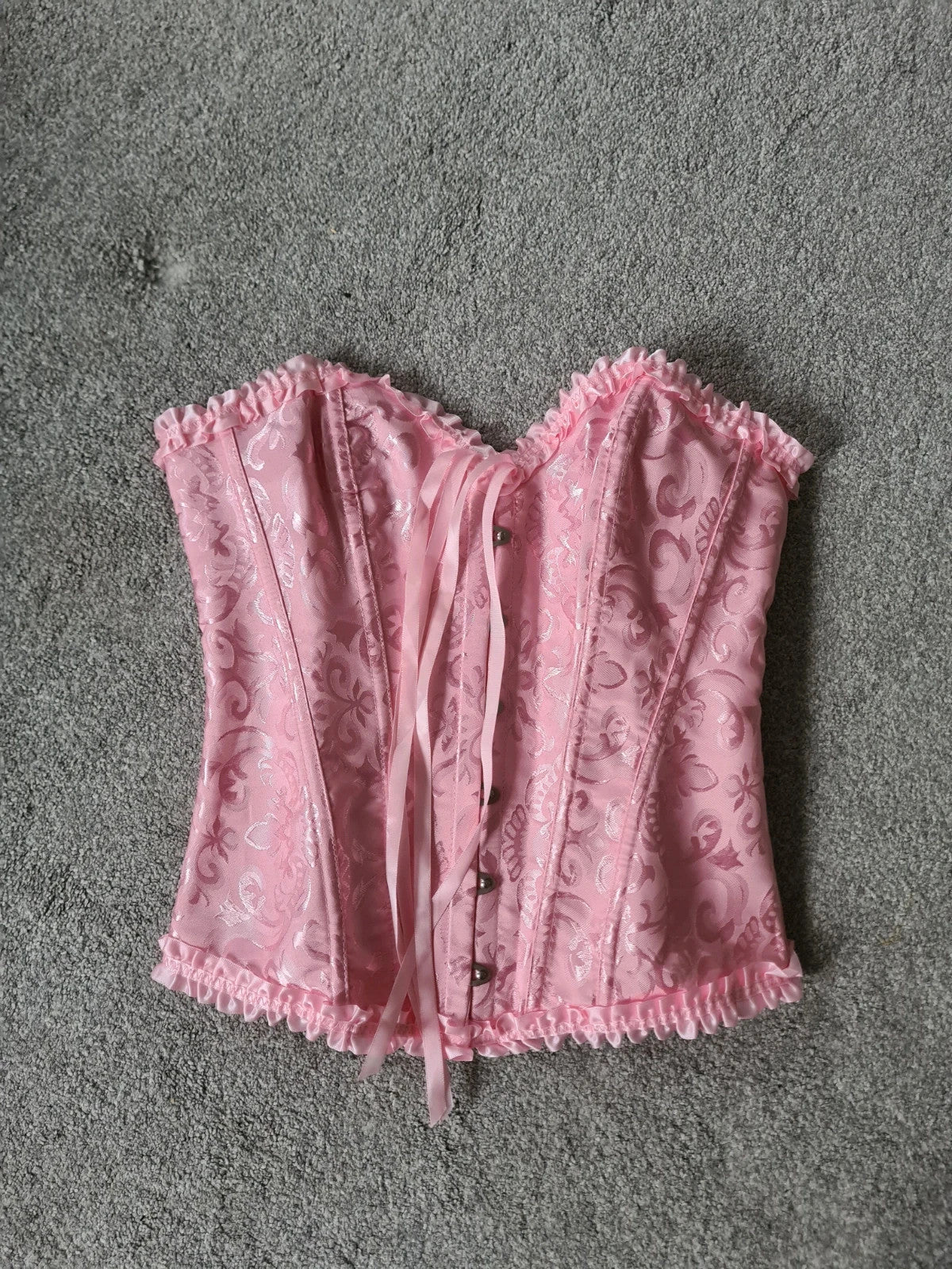 Generic women pink babydoll corset with thong floral print bustier lace up boned overbust S/8