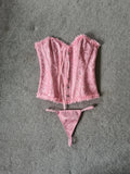 Generic women pink babydoll corset with thong floral print bustier lace up boned overbust S/8