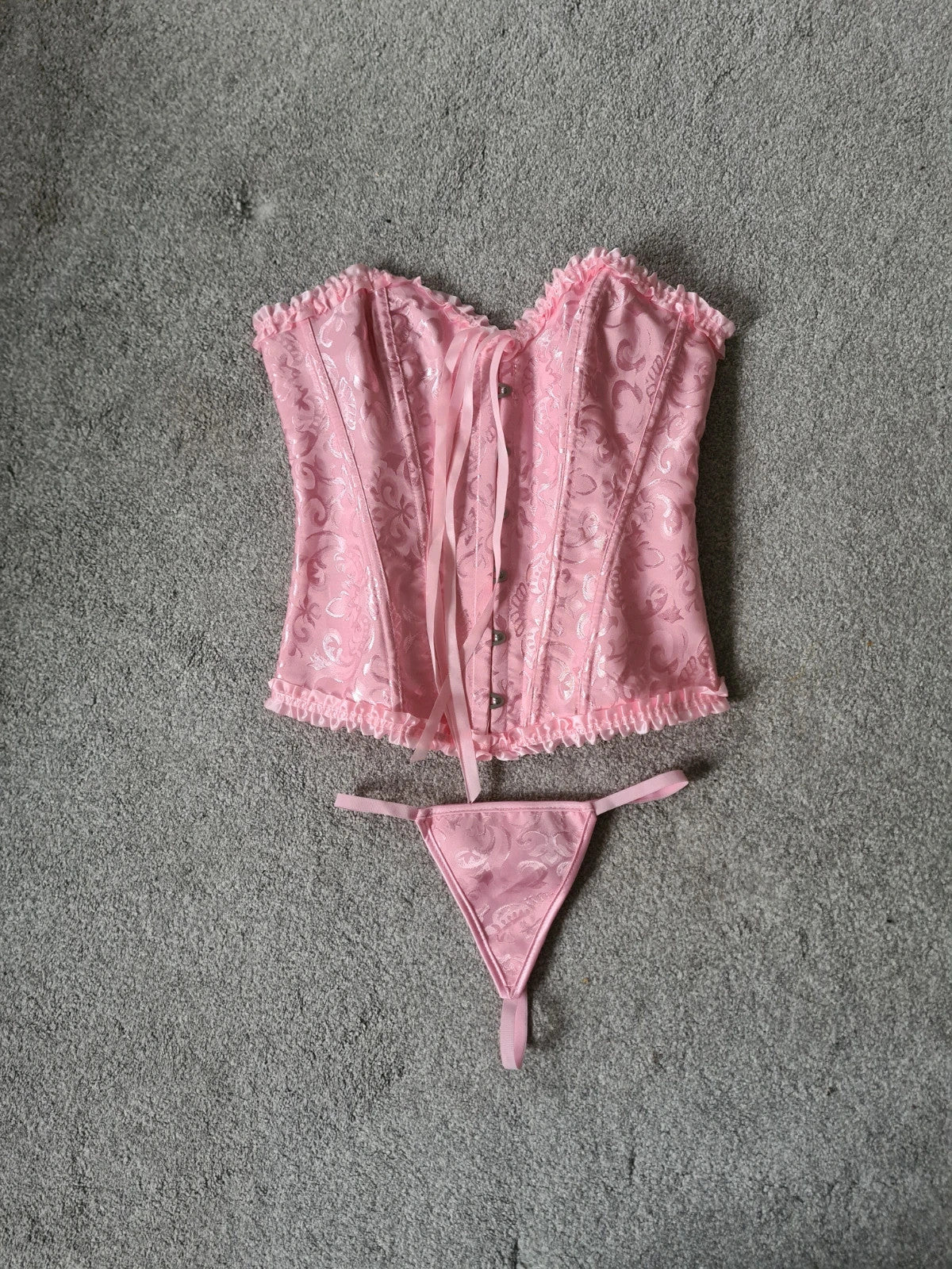 Generic women pink babydoll corset with thong floral print bustier lace up boned overbust S/8