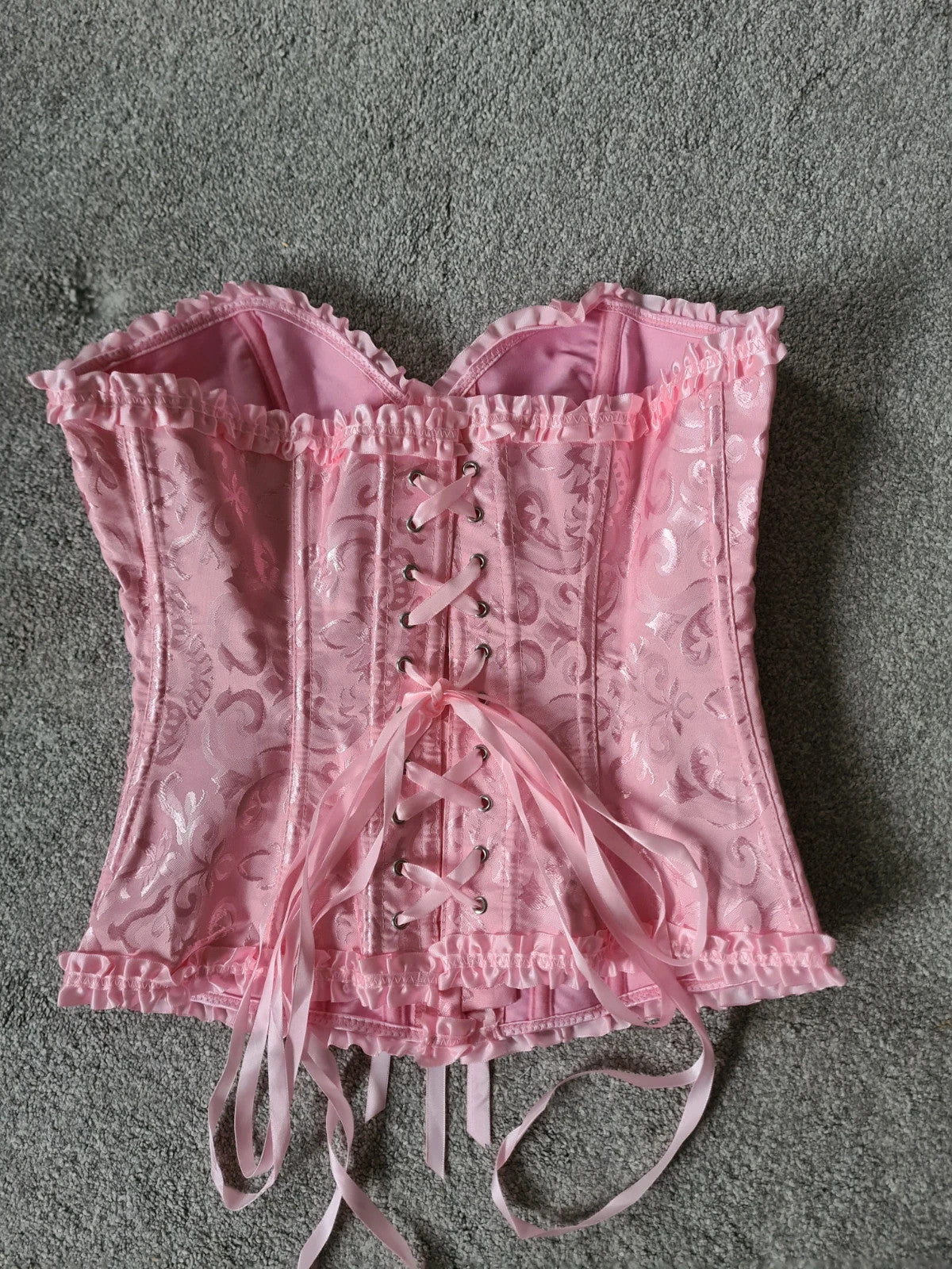 Generic women pink babydoll corset with thong floral print bustier lace up boned overbust S/8