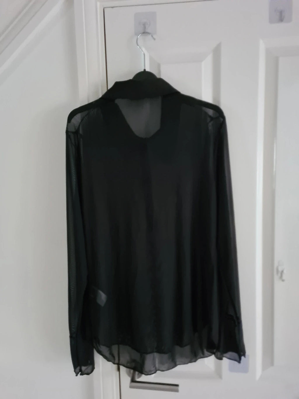 Shein curve women black sheer mesh long flounce sleeve shirt half button neck collar blouse 2XL/16