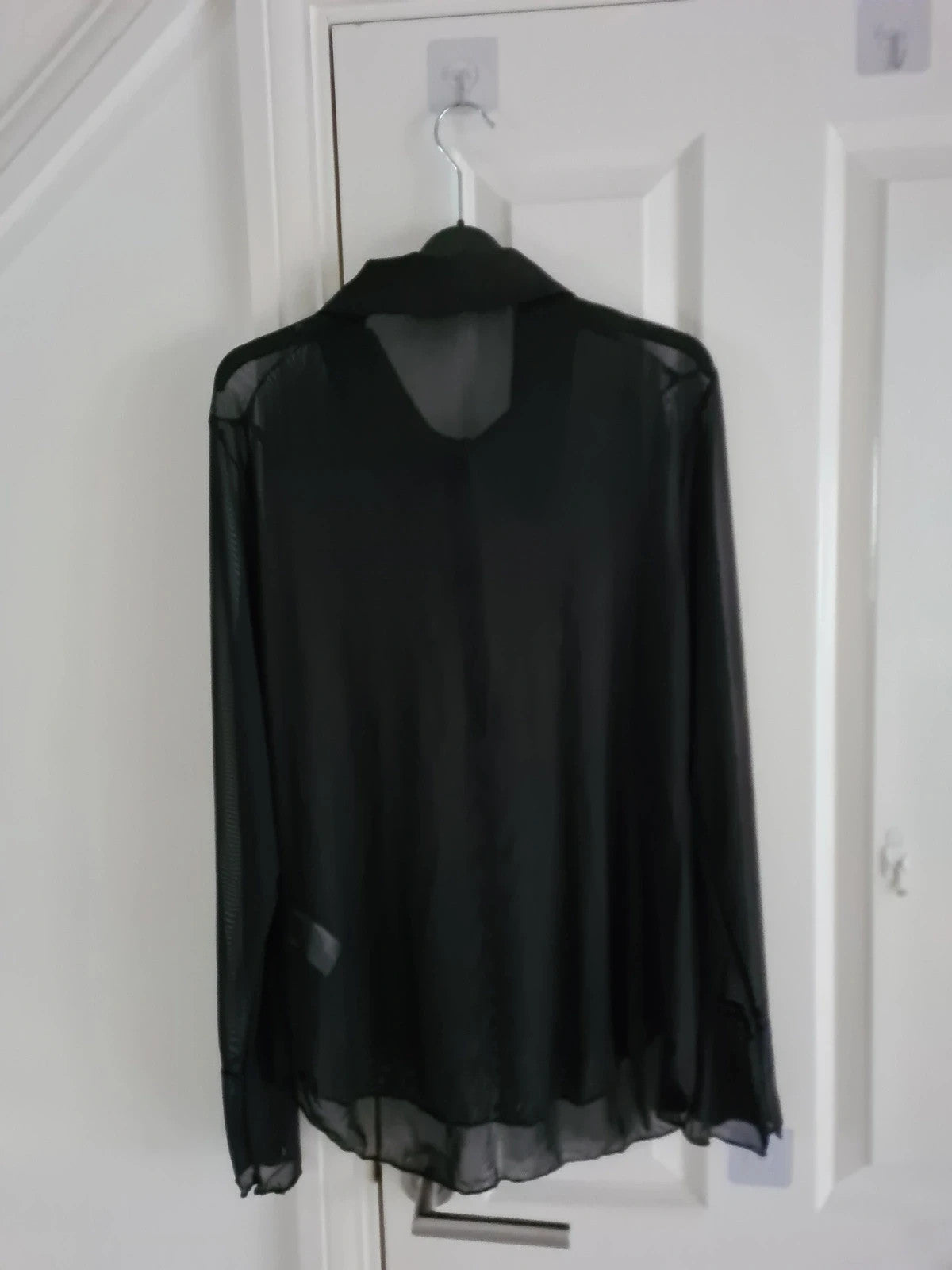 Shein curve women black sheer mesh long flounce sleeve shirt half button neck collar blouse 2XL/16