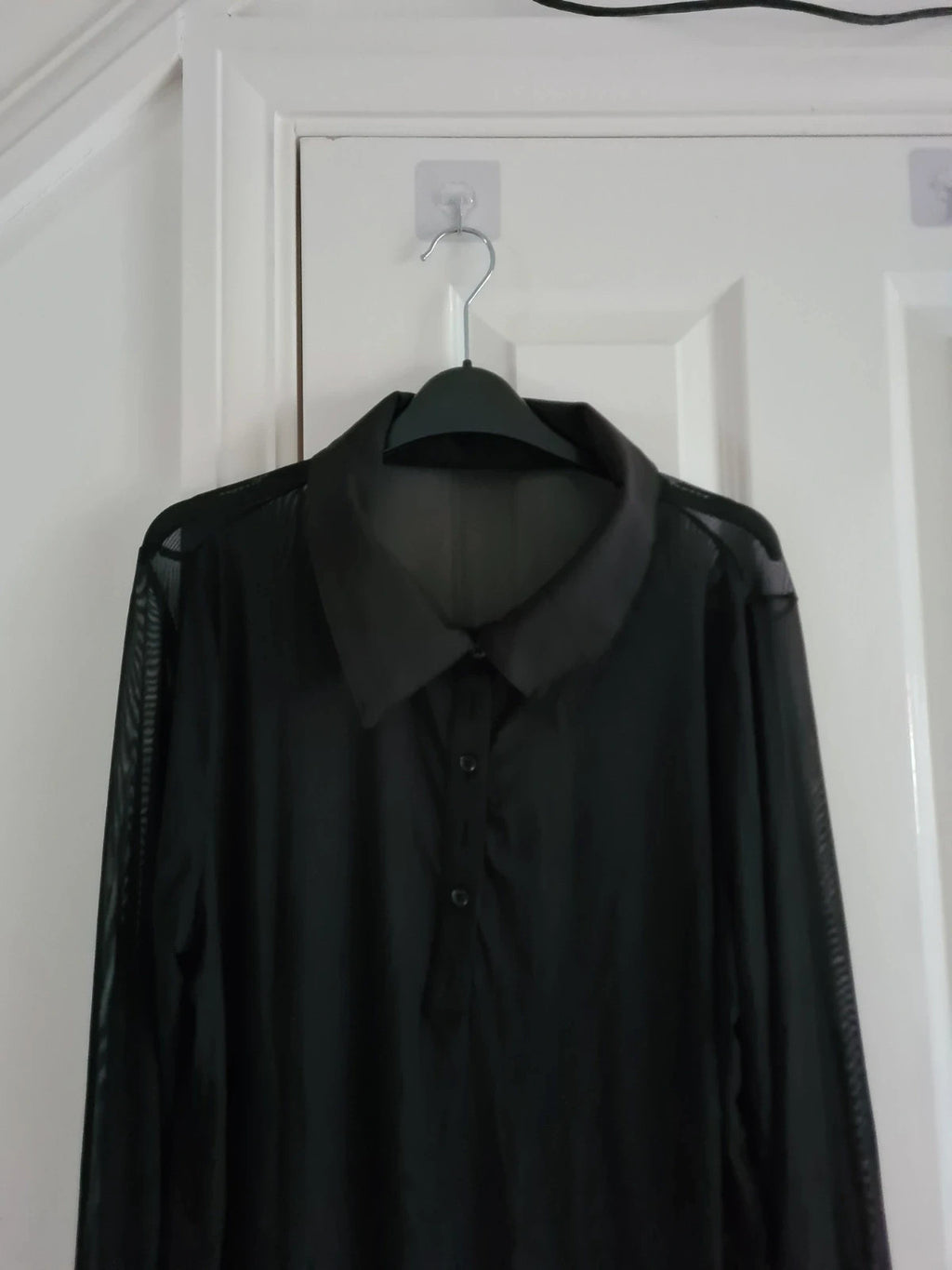 Shein curve women black sheer mesh long flounce sleeve shirt half button neck collar blouse 2XL/16