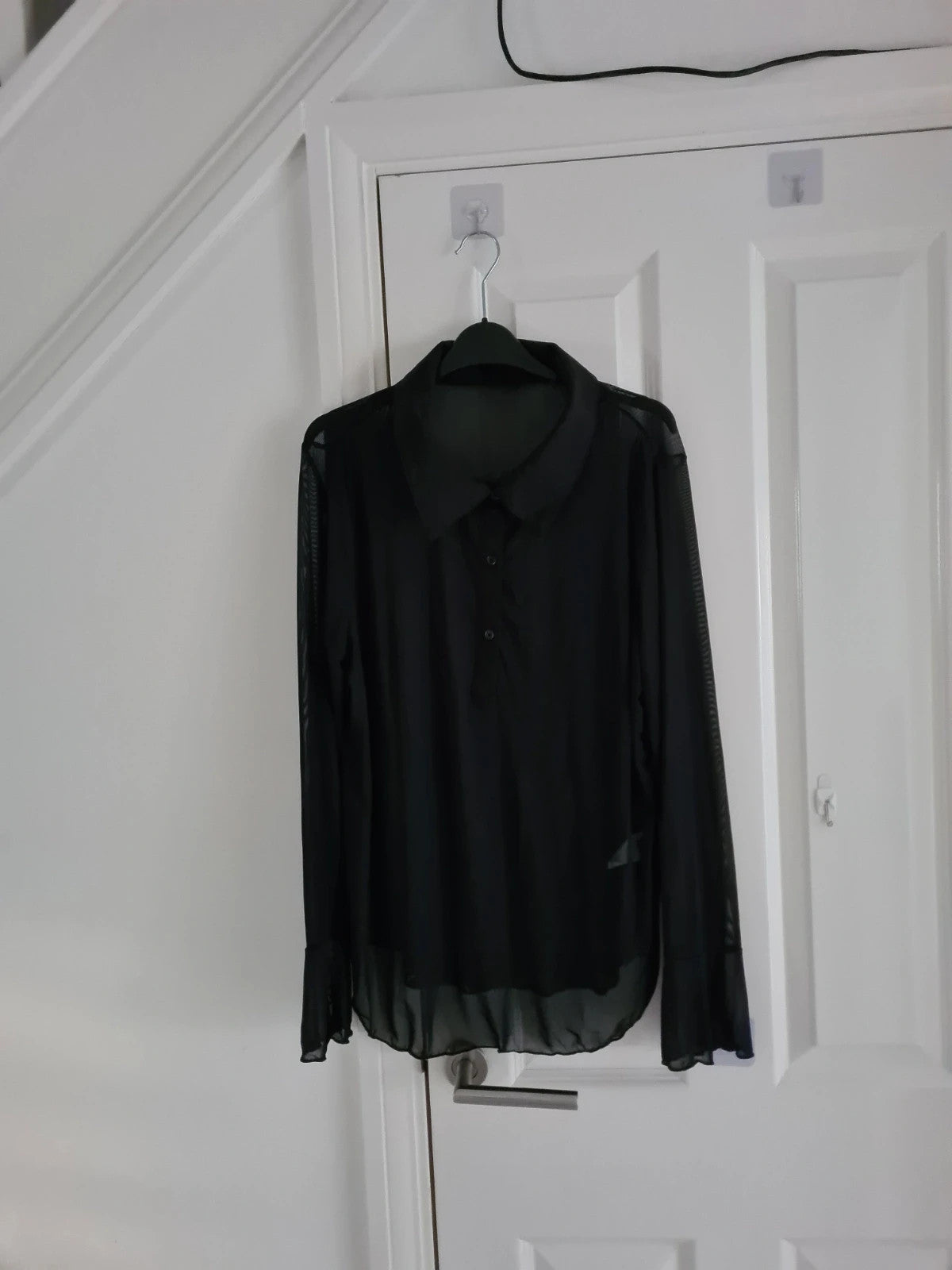 Shein curve women black sheer mesh long flounce sleeve shirt half button neck collar blouse 2XL/16