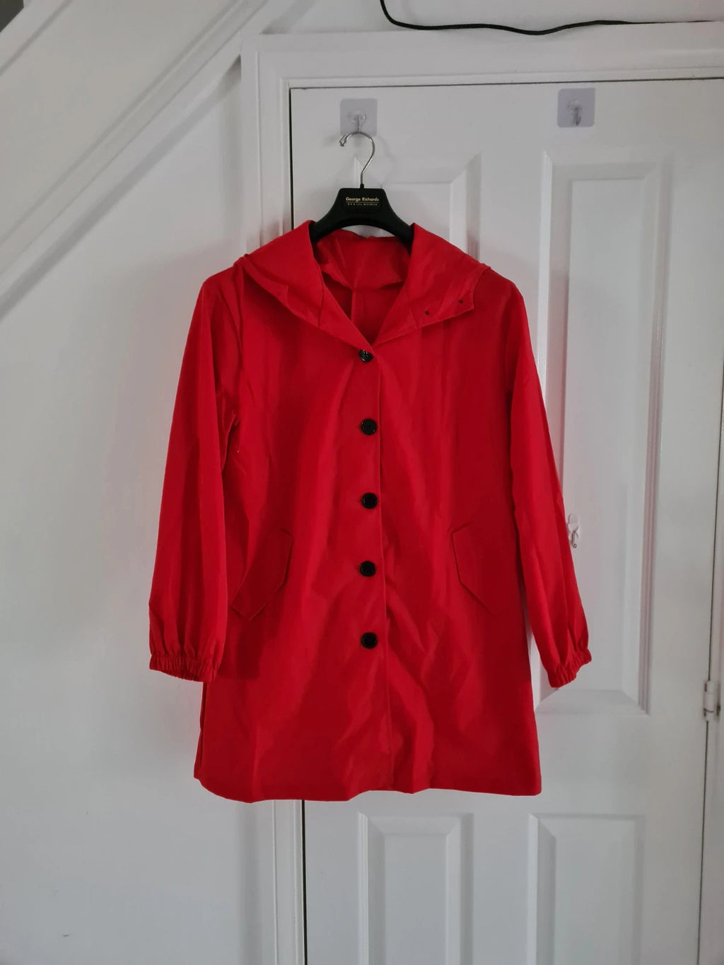 Generic women red trench coat hooded buttons lightweight breathable long jacket casual M