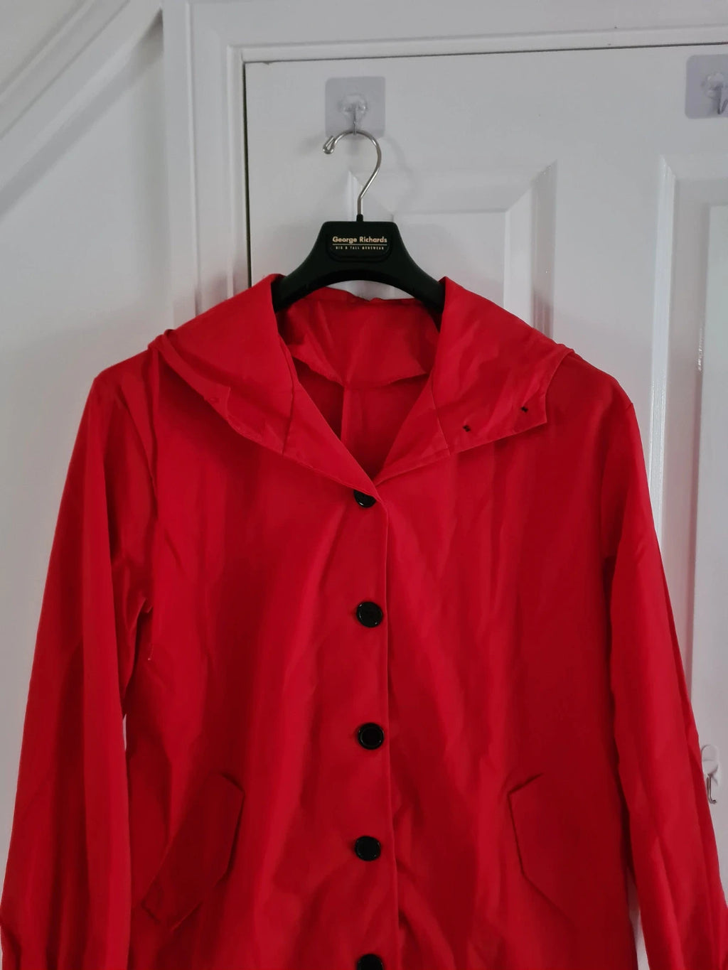Generic women red trench coat hooded buttons lightweight breathable long jacket casual M