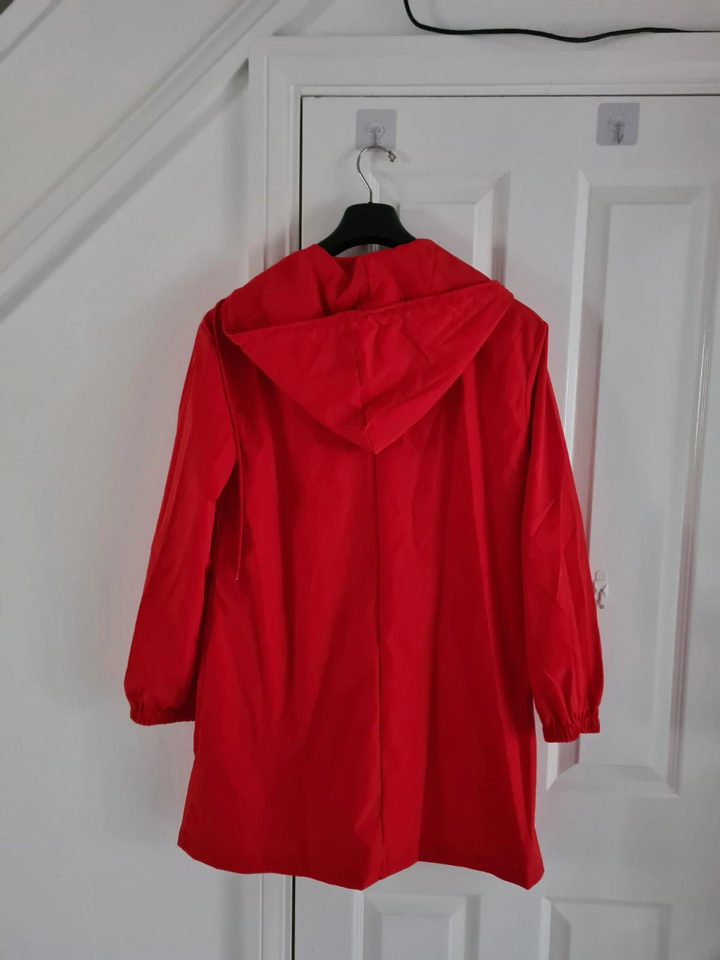 Generic women red trench coat hooded buttons lightweight breathable long jacket casual M