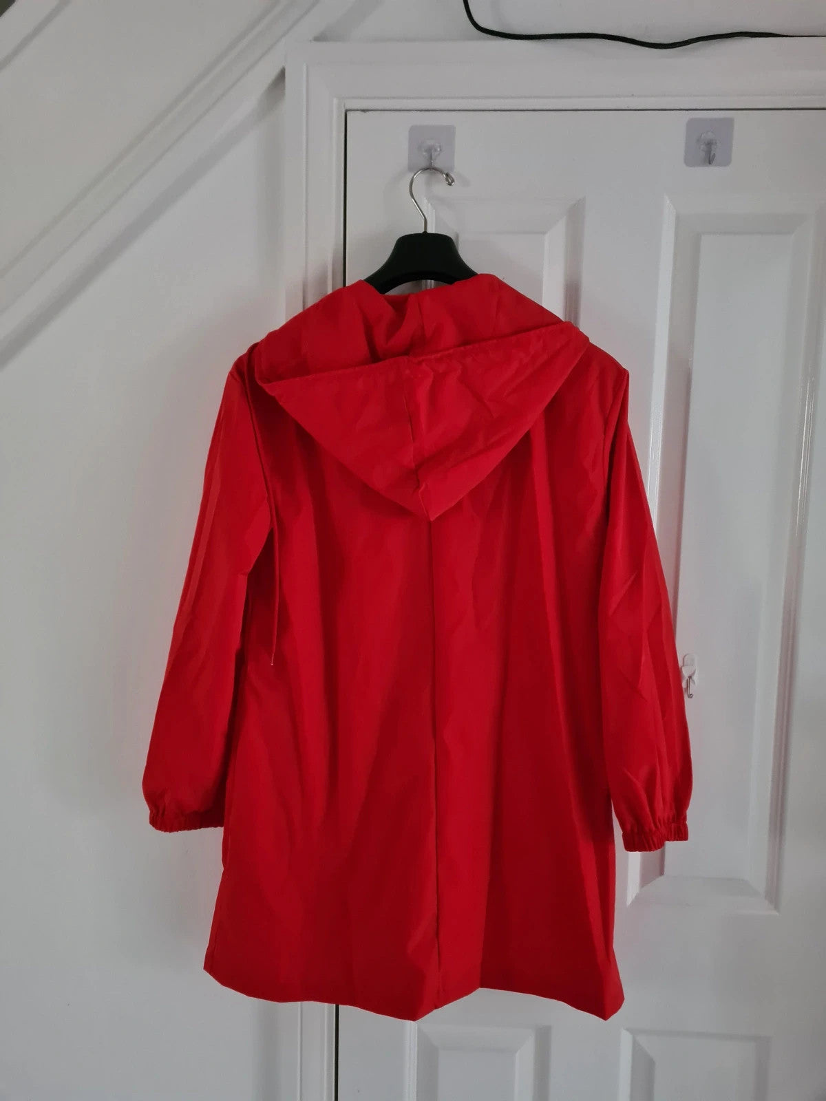 Generic women red trench coat hooded buttons lightweight breathable long jacket casual M