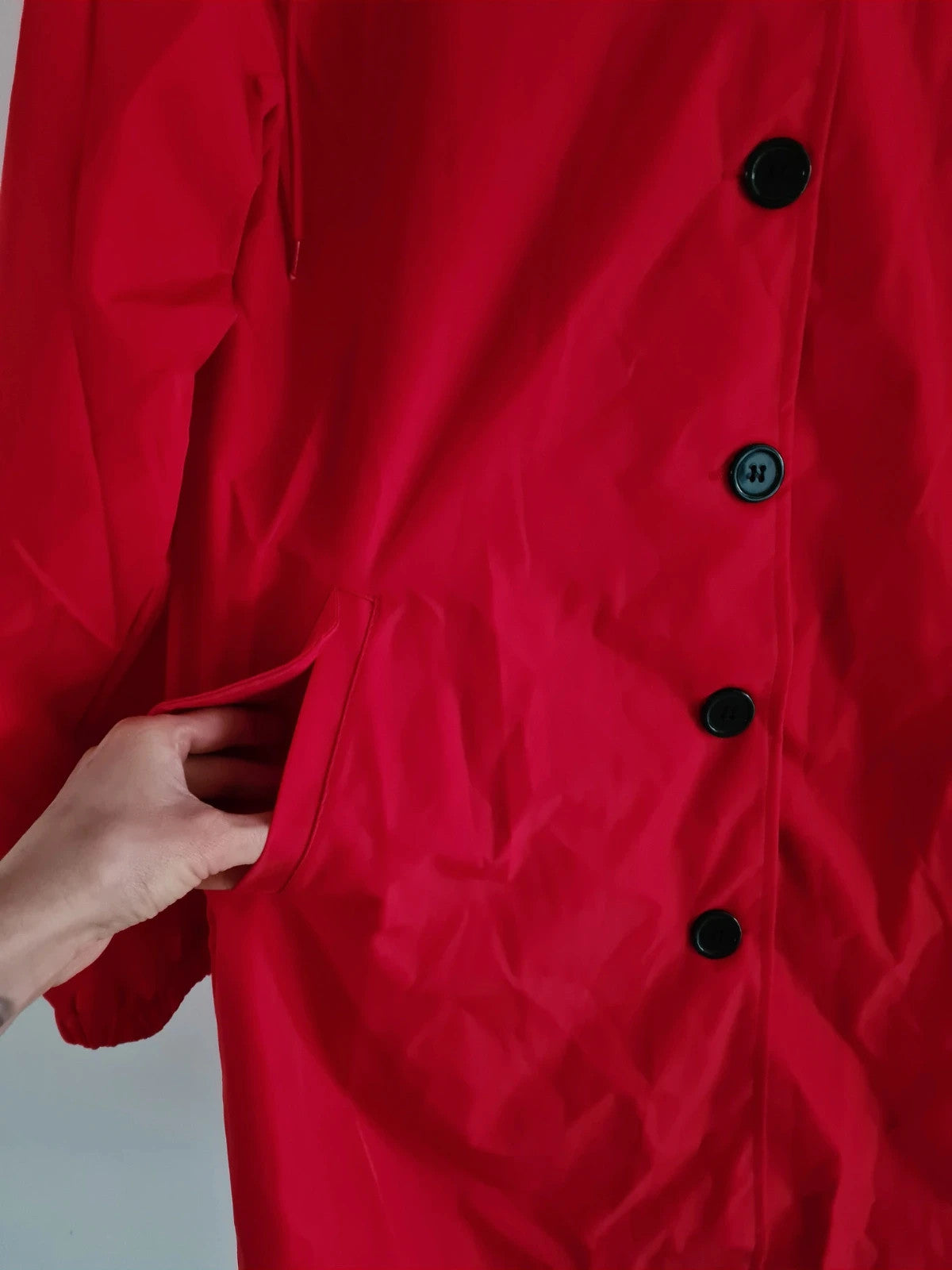 Generic women red trench coat hooded buttons lightweight breathable long jacket casual M