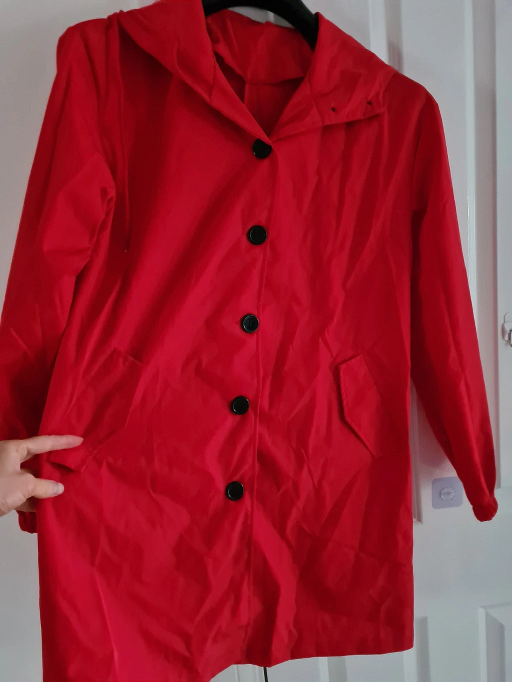 Generic women red trench coat hooded buttons lightweight breathable long jacket casual M