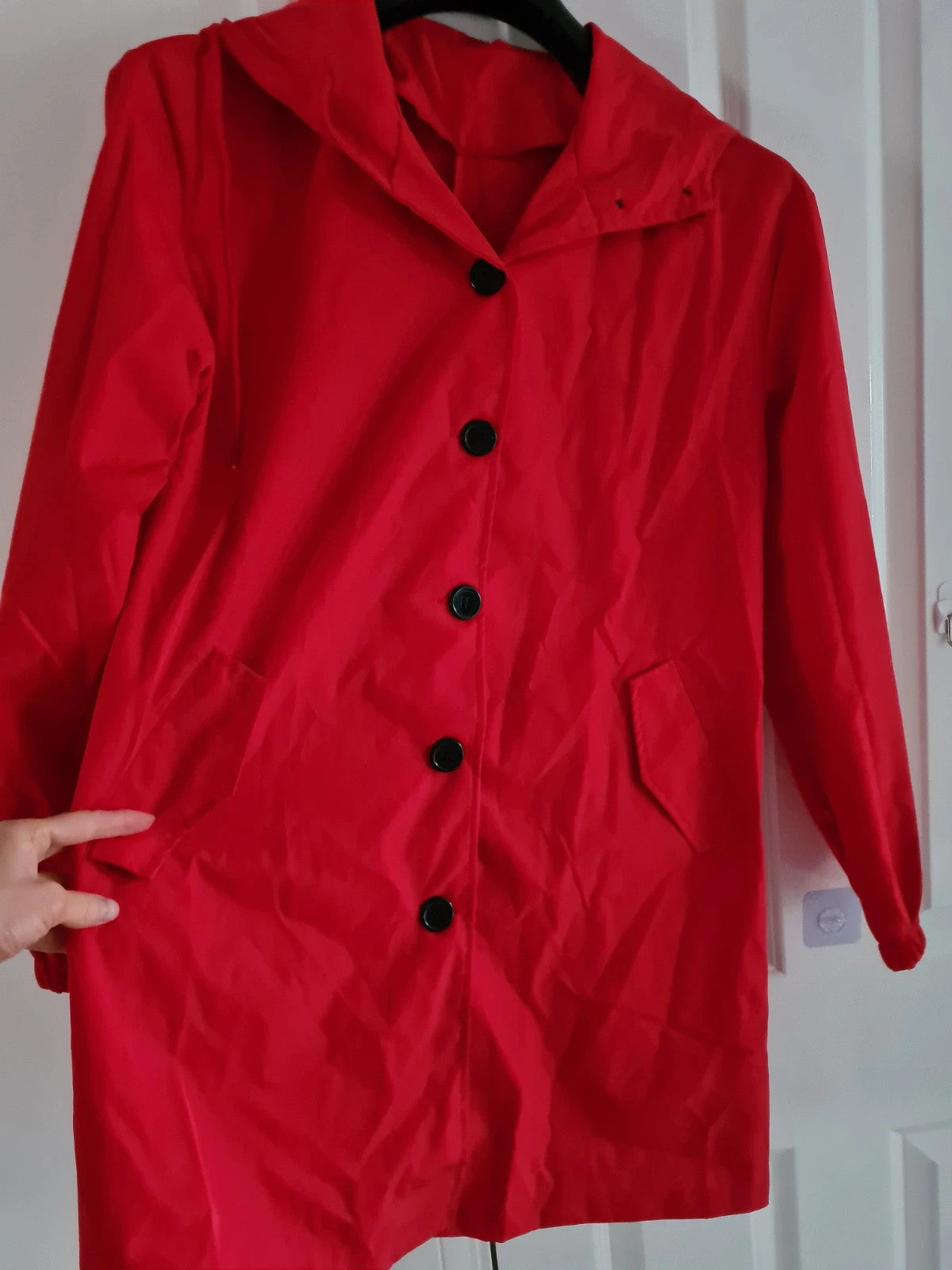 Generic women red trench coat hooded buttons lightweight breathable long jacket casual M
