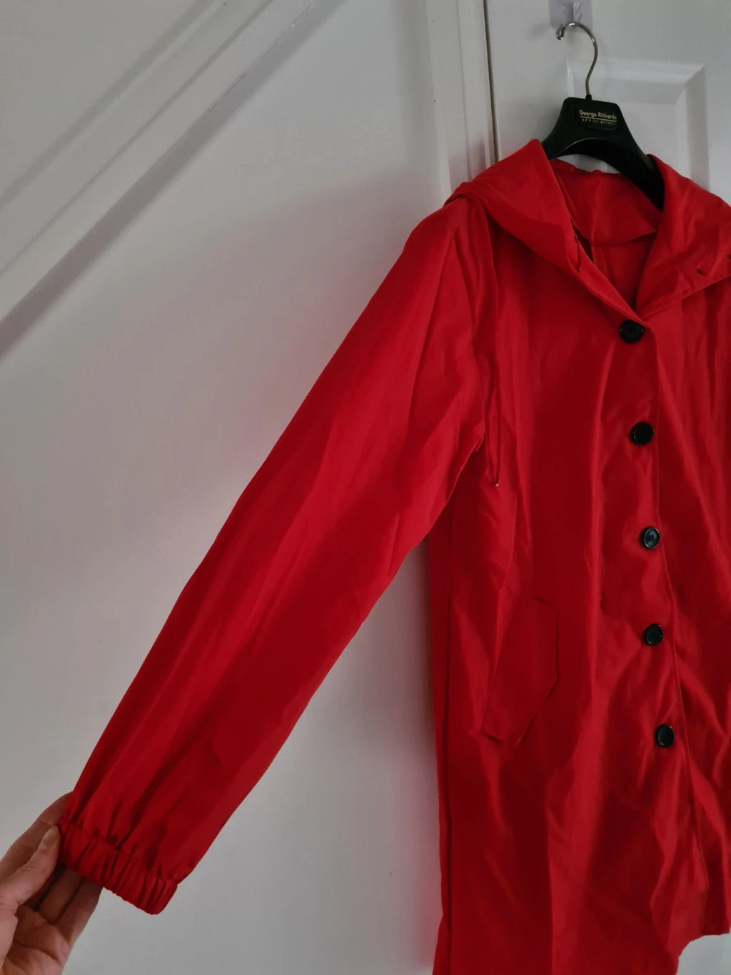Generic women red trench coat hooded buttons lightweight breathable long jacket casual M