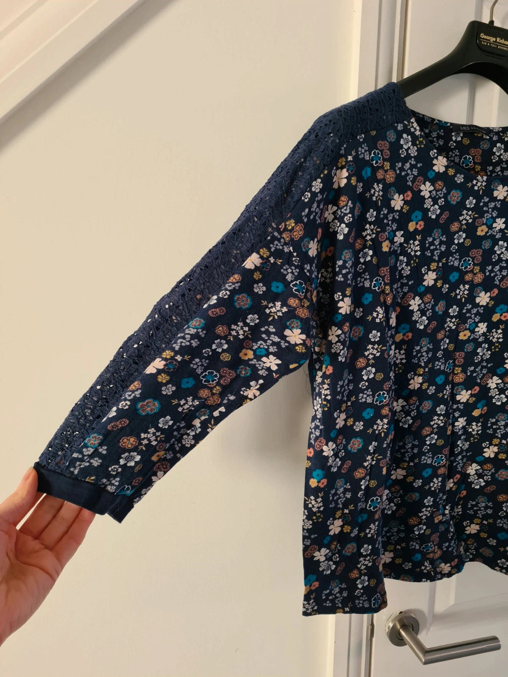 M&S women blue mix cotton 3/4 sleeve shirt floral print top blouse breathable casual 5XL/UK22