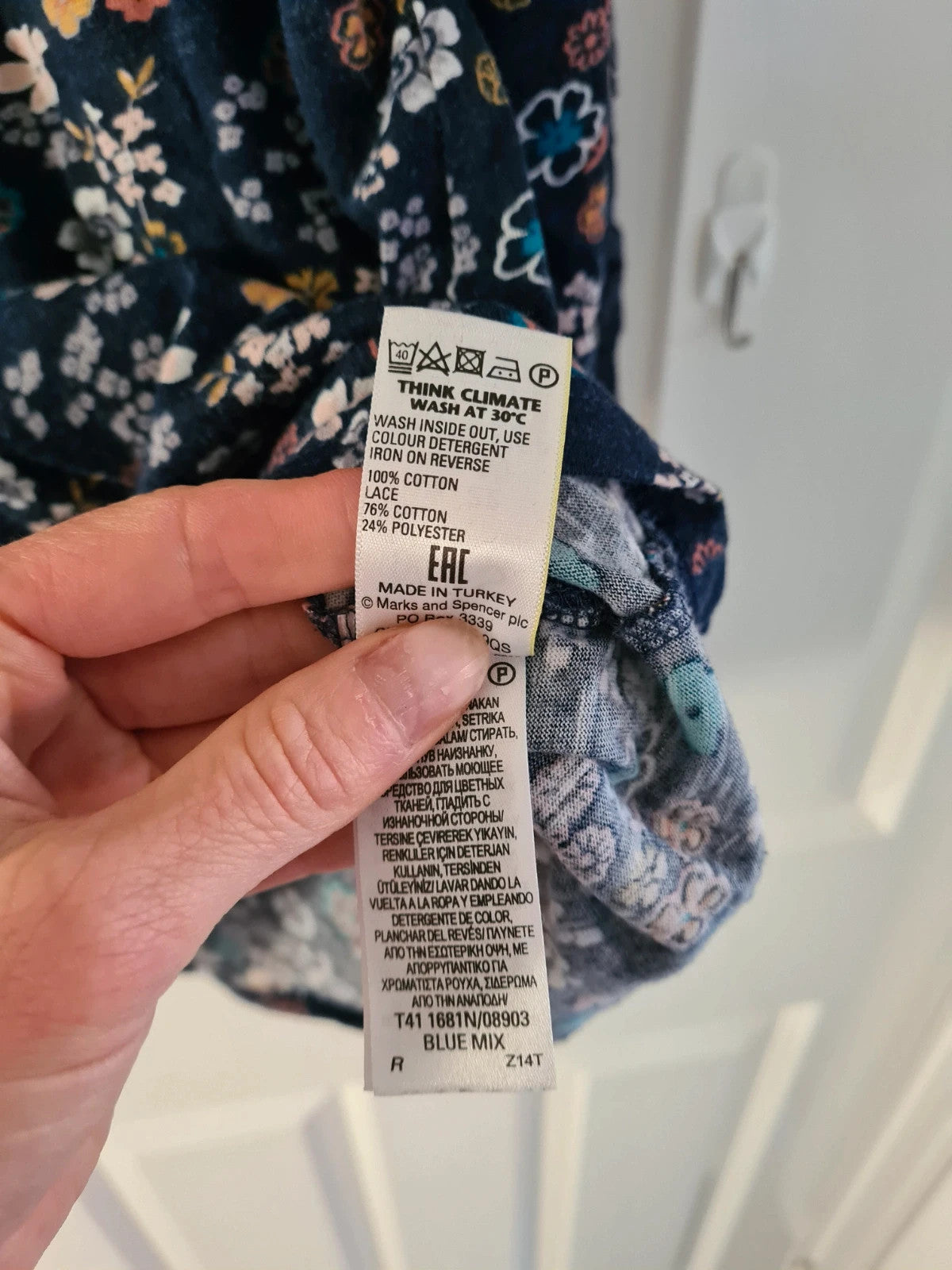 M&S women blue mix cotton 3/4 sleeve shirt floral print top blouse breathable casual 5XL/UK22