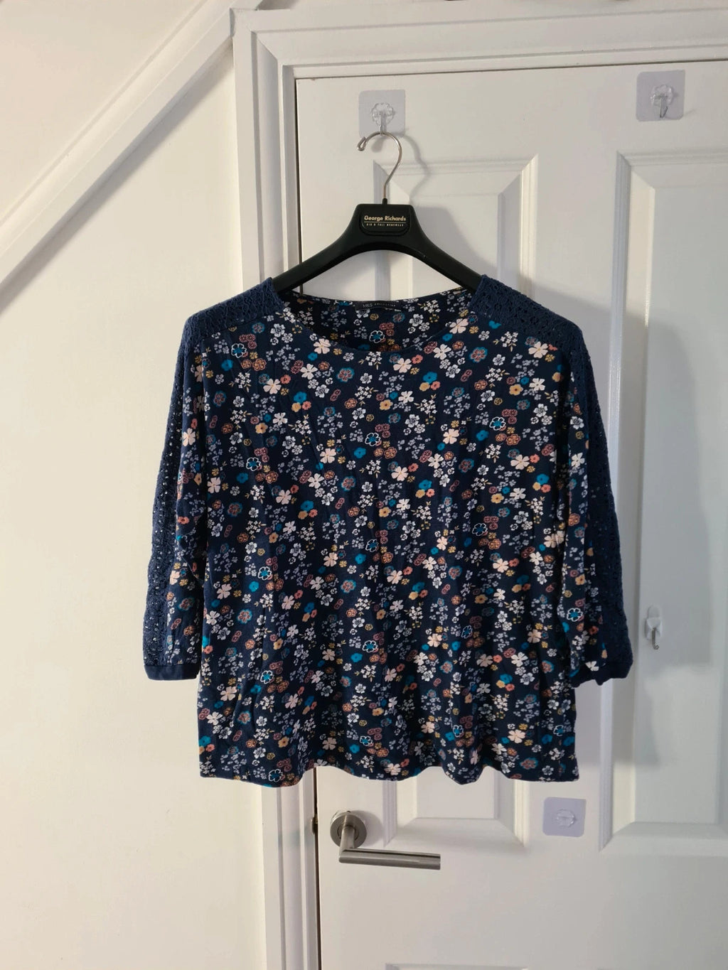 M&S women blue mix cotton 3/4 sleeve shirt floral print top blouse breathable casual 5XL/UK22