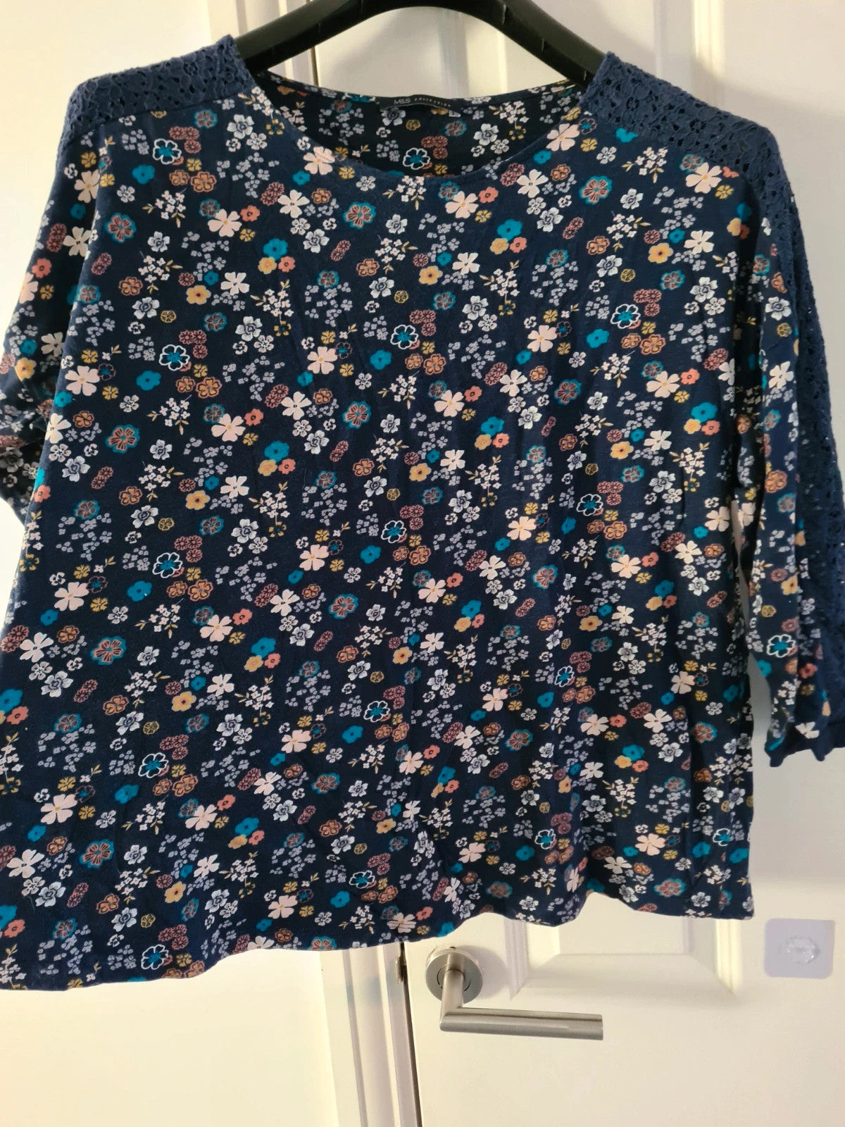 M&S women blue mix cotton 3/4 sleeve shirt floral print top blouse breathable casual 5XL/UK22