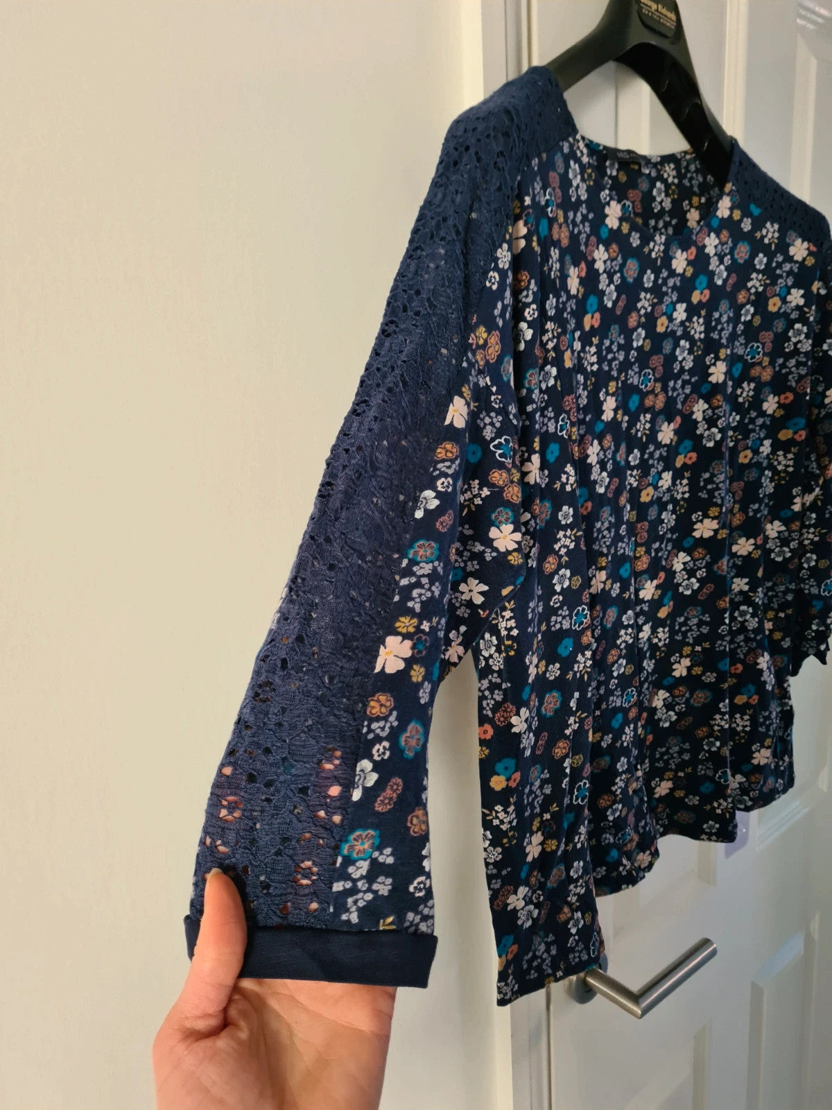 M&S women blue mix cotton 3/4 sleeve shirt floral print top blouse breathable casual 5XL/UK22