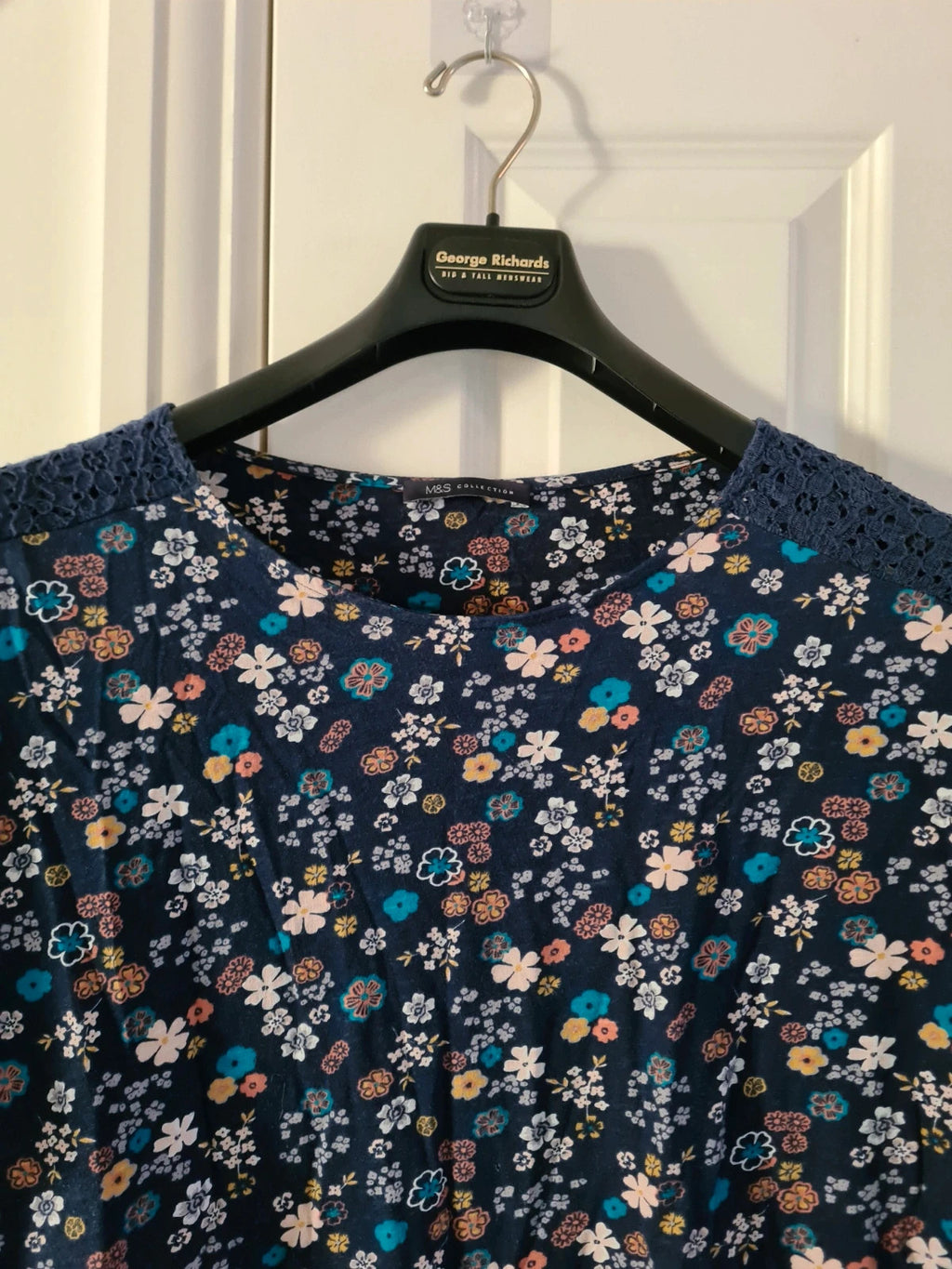 M&S women blue mix cotton 3/4 sleeve shirt floral print top blouse breathable casual 5XL/UK22