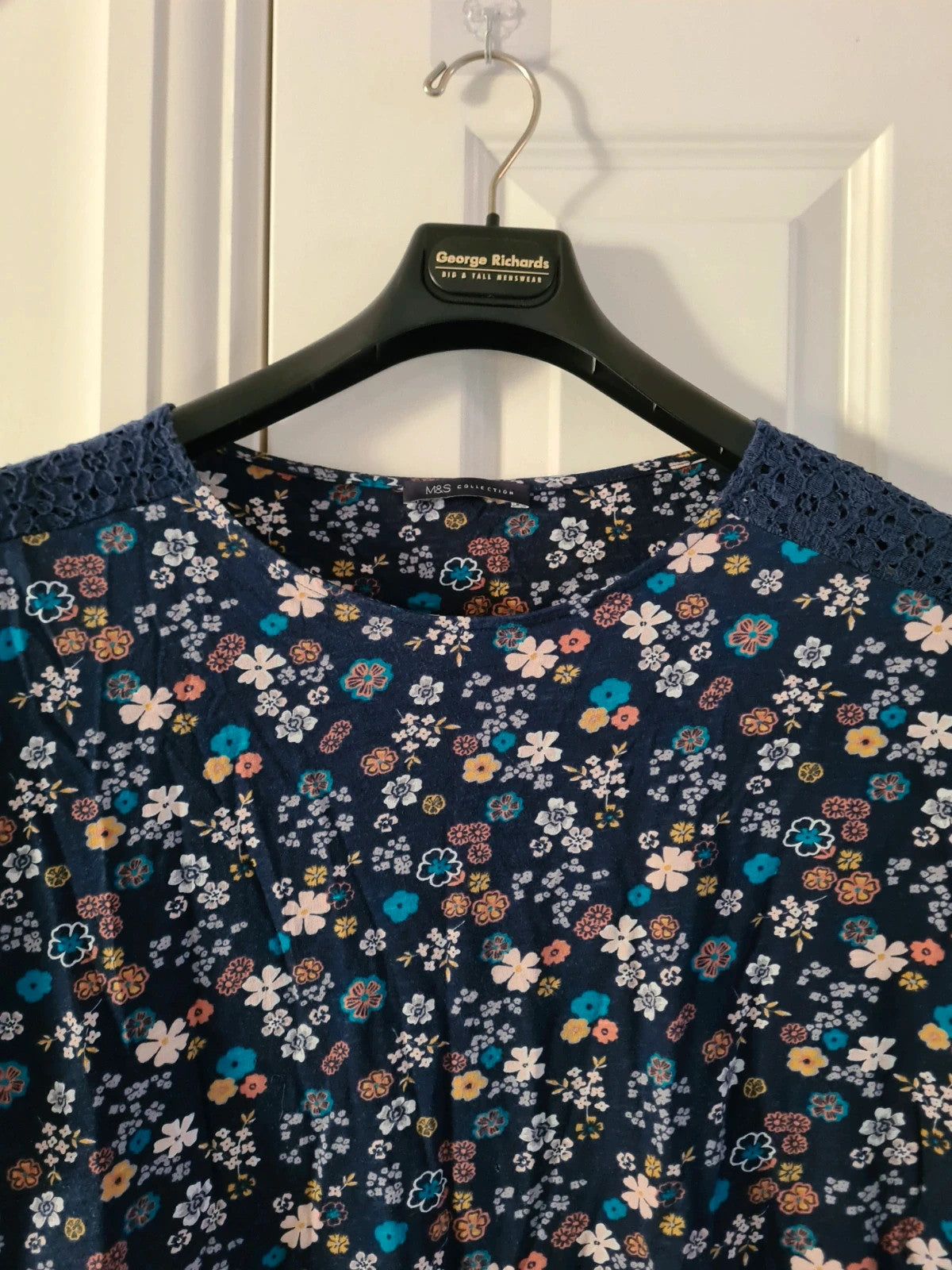 M&S women blue mix cotton 3/4 sleeve shirt floral print top blouse breathable casual 5XL/UK22