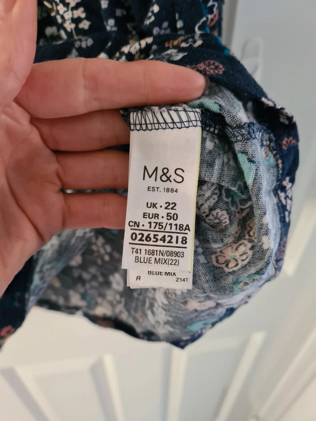 M&S women blue mix cotton 3/4 sleeve shirt floral print top blouse breathable casual 5XL/UK22