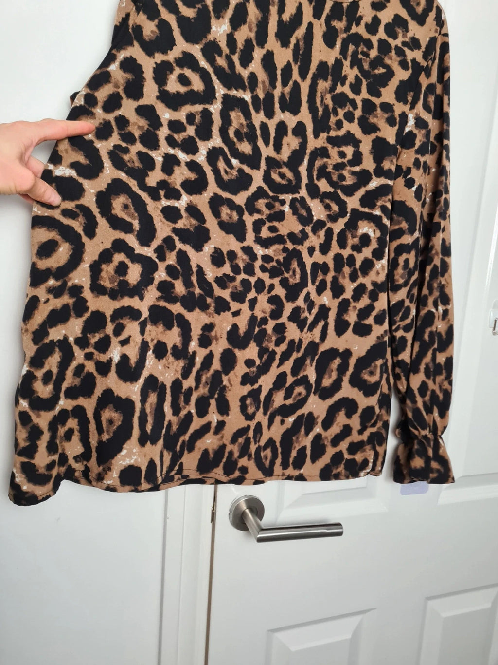 Shein women brown black leopard print ruffle sleeve blouse frill trim mock neck top