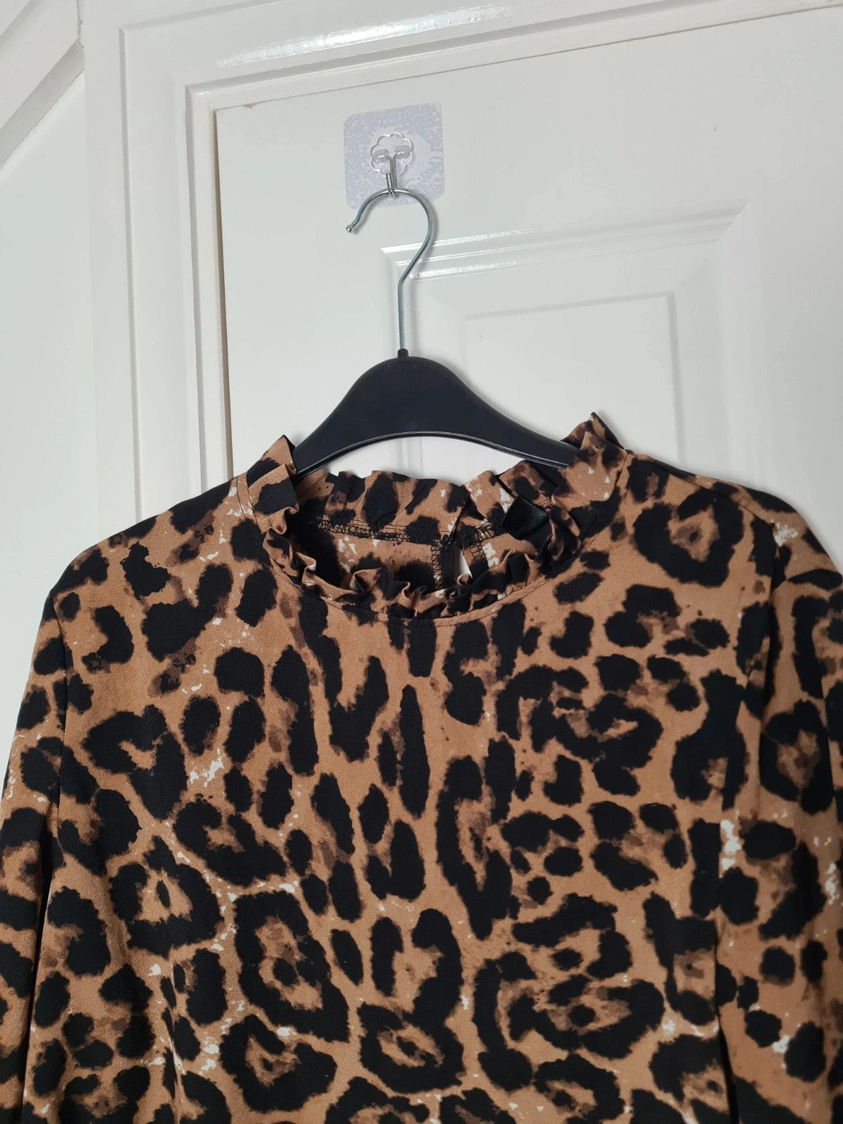 Shein women brown black leopard print ruffle sleeve blouse frill trim mock neck top