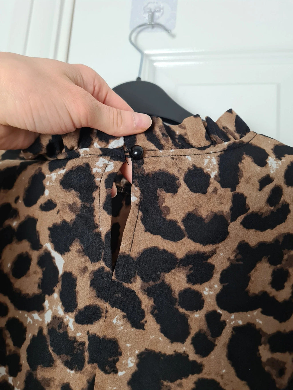 Shein women brown black leopard print ruffle sleeve blouse frill trim mock neck top