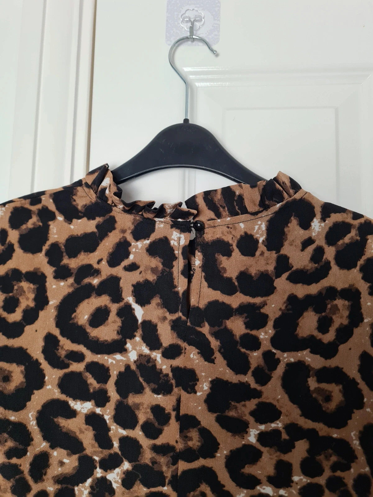 Shein women brown black leopard print ruffle sleeve blouse frill trim mock neck top