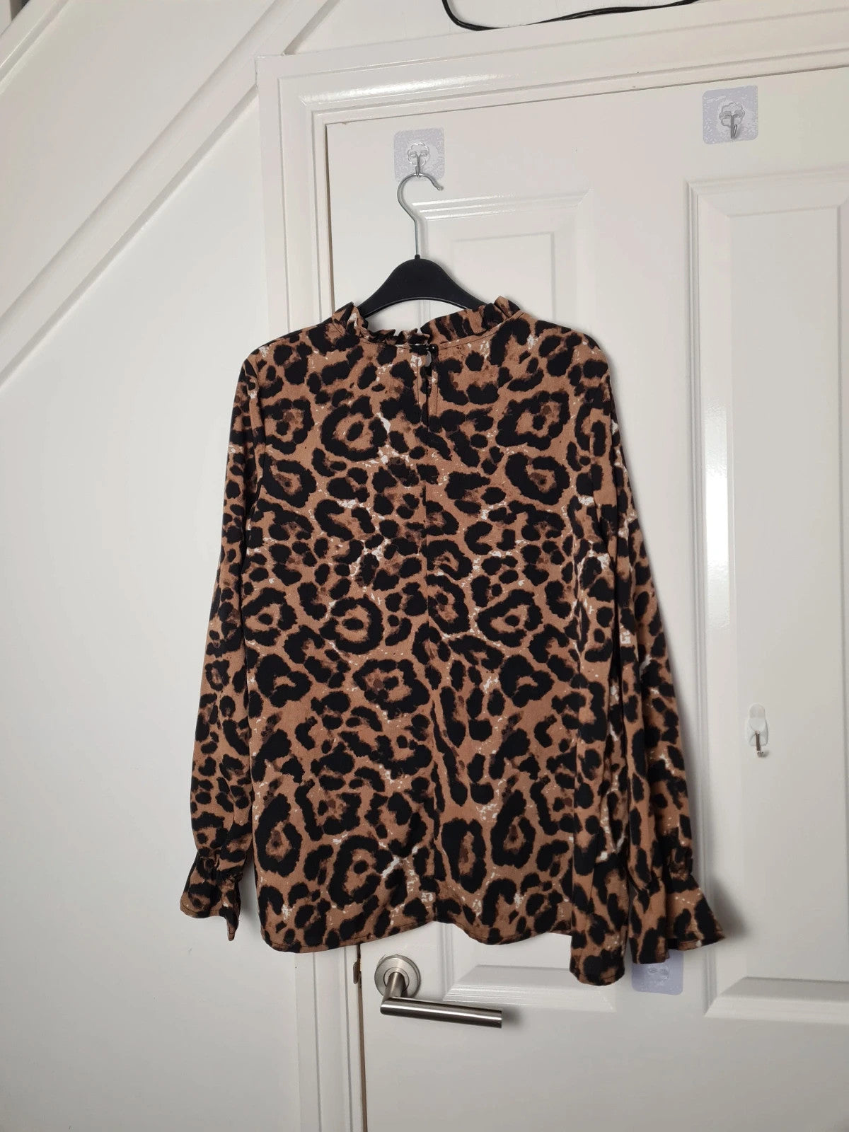 Shein women brown black leopard print ruffle sleeve blouse frill trim mock neck top