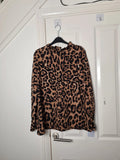 Shein women brown black leopard print ruffle sleeve blouse frill trim mock neck top