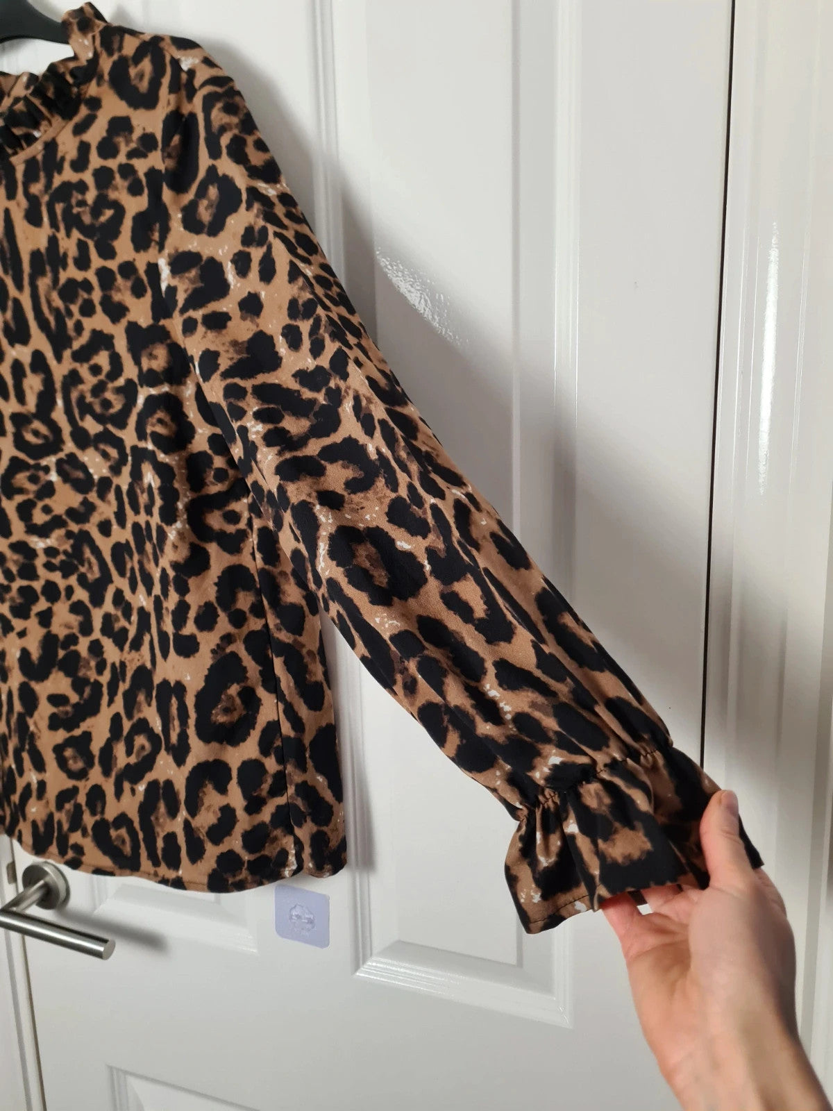 Shein women brown black leopard print ruffle sleeve blouse frill trim mock neck top