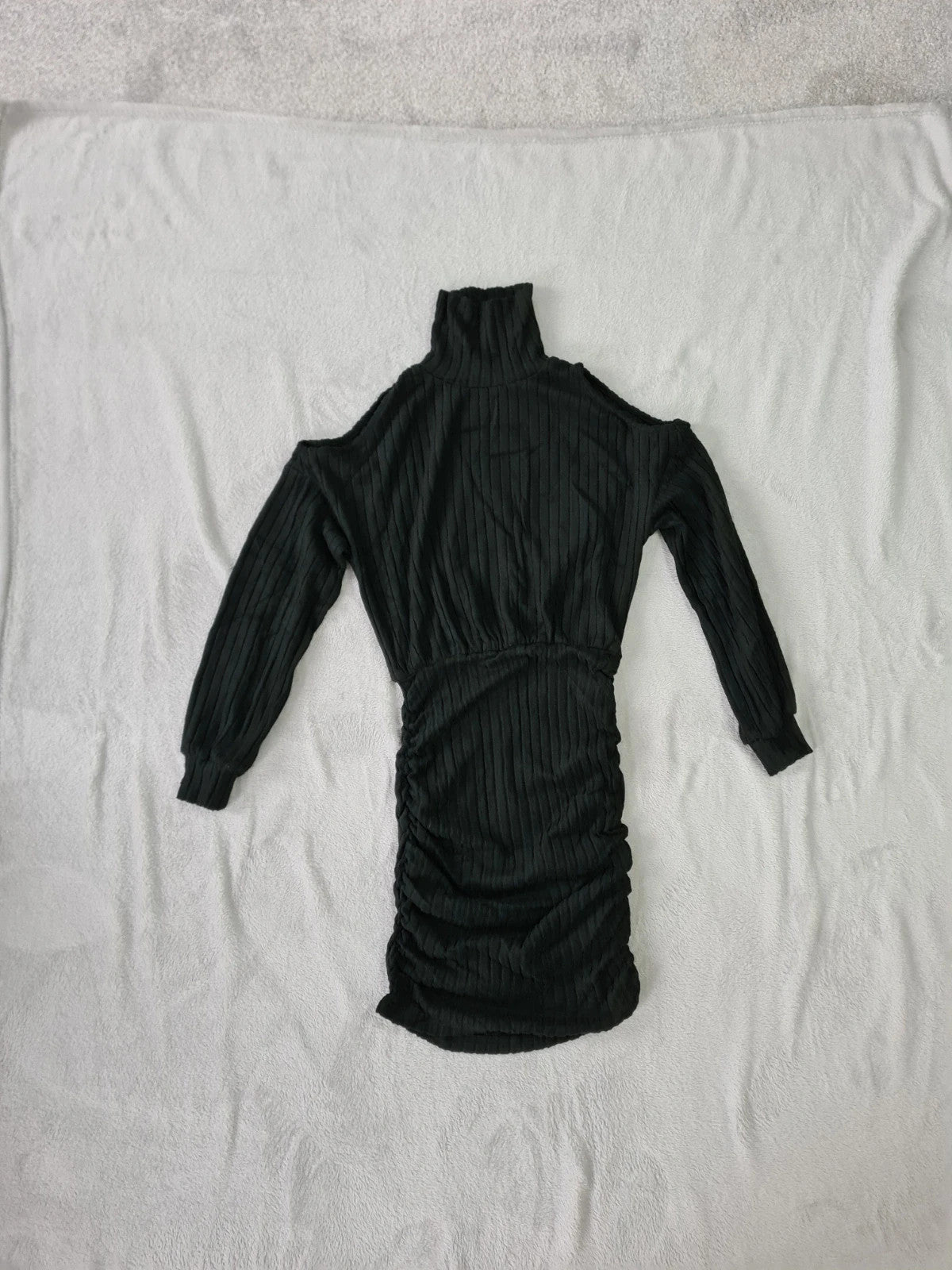 Shein women black mini dress ribbed ruched off shoulder long sleeve high neck bodycon Xmas S/8