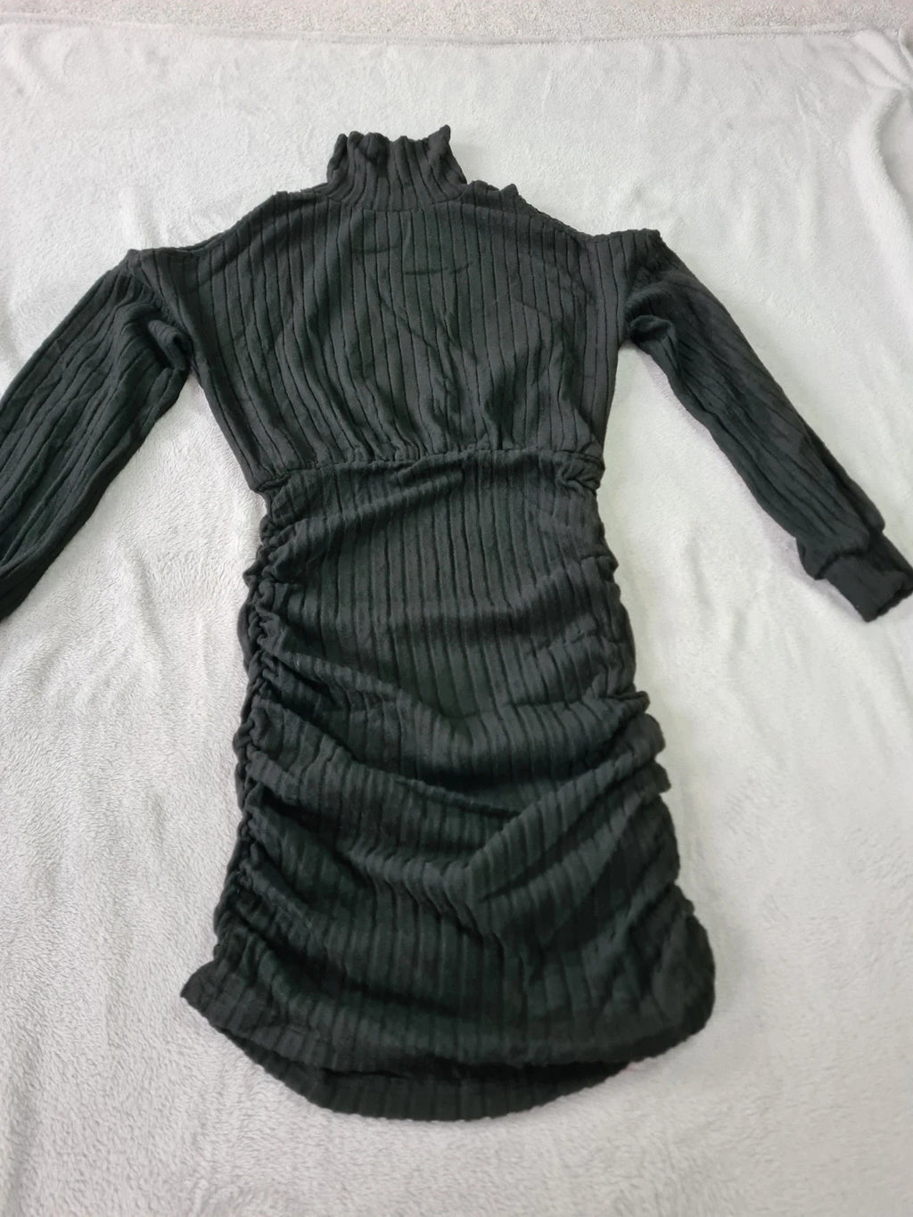 Shein women black mini dress ribbed ruched off shoulder long sleeve high neck bodycon Xmas S/8