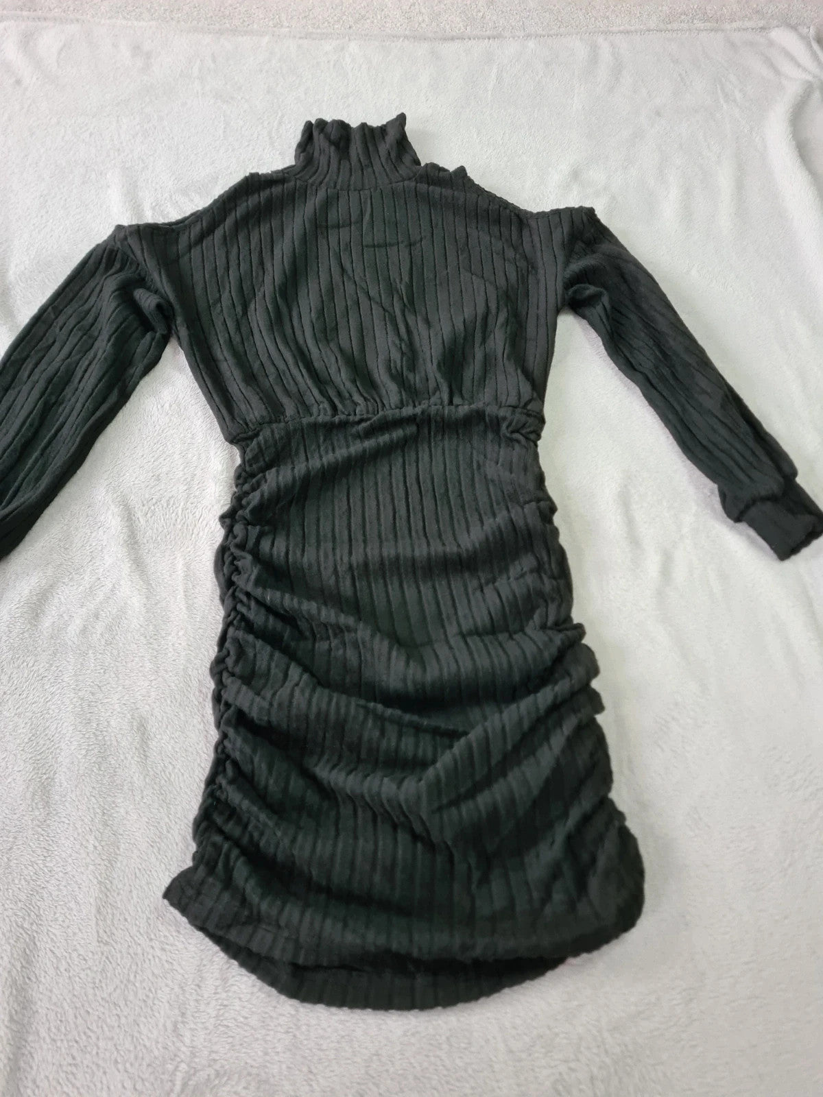 Shein women black mini dress ribbed ruched off shoulder long sleeve high neck bodycon Xmas S/8