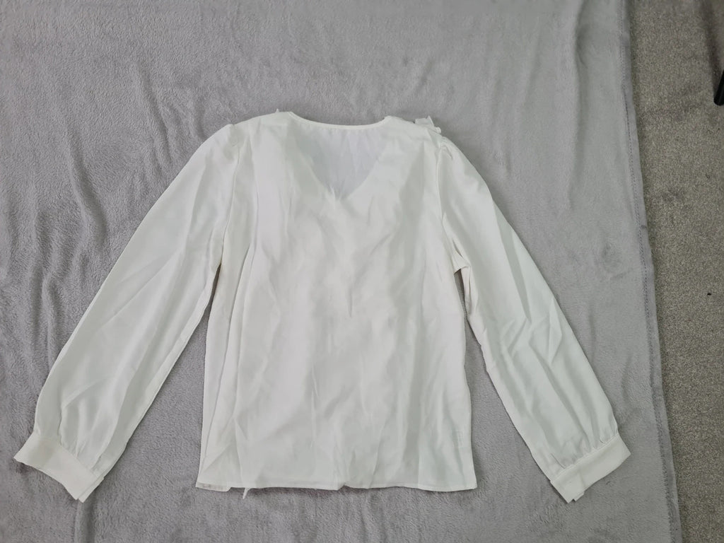 Generic women white long sleeve blouse ruffle trim front V-neck elegant shirt top Xmas outfit L/12