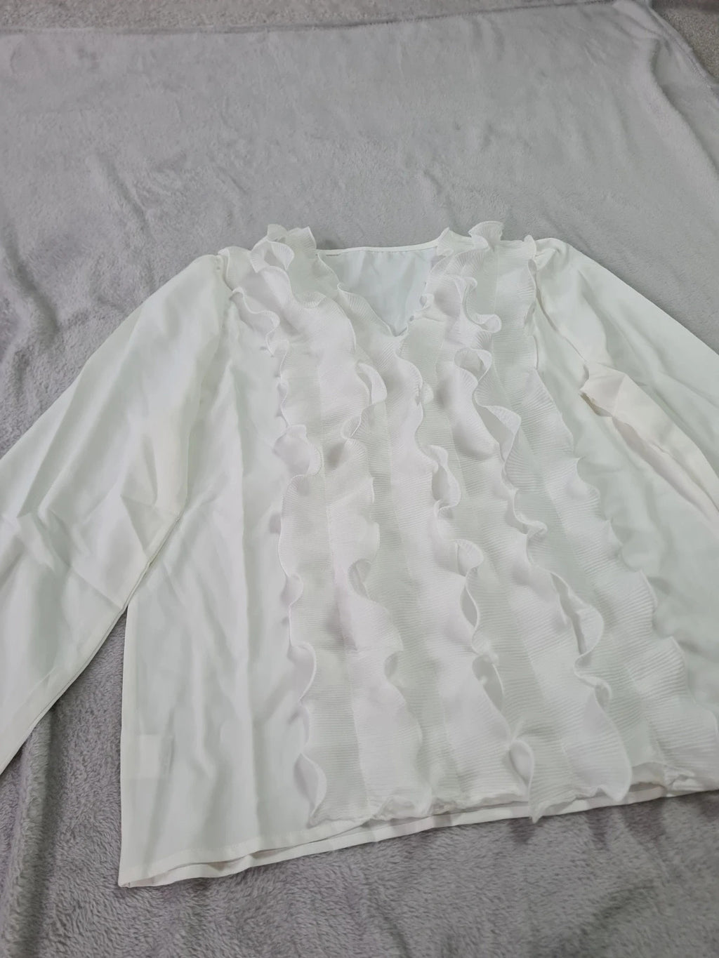 Generic women white long sleeve blouse ruffle trim front V-neck elegant shirt top Xmas outfit L/12