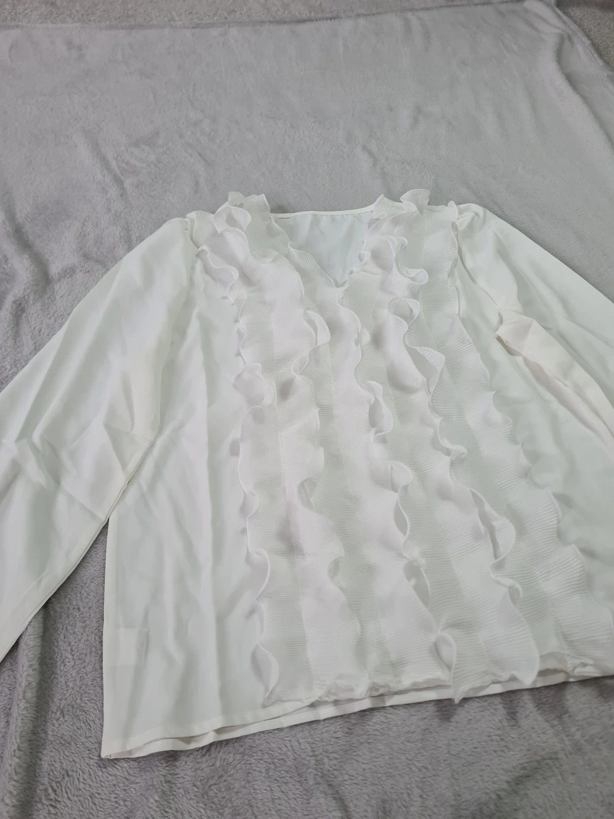 Generic women white long sleeve blouse ruffle trim front V-neck elegant shirt top Xmas outfit L/12