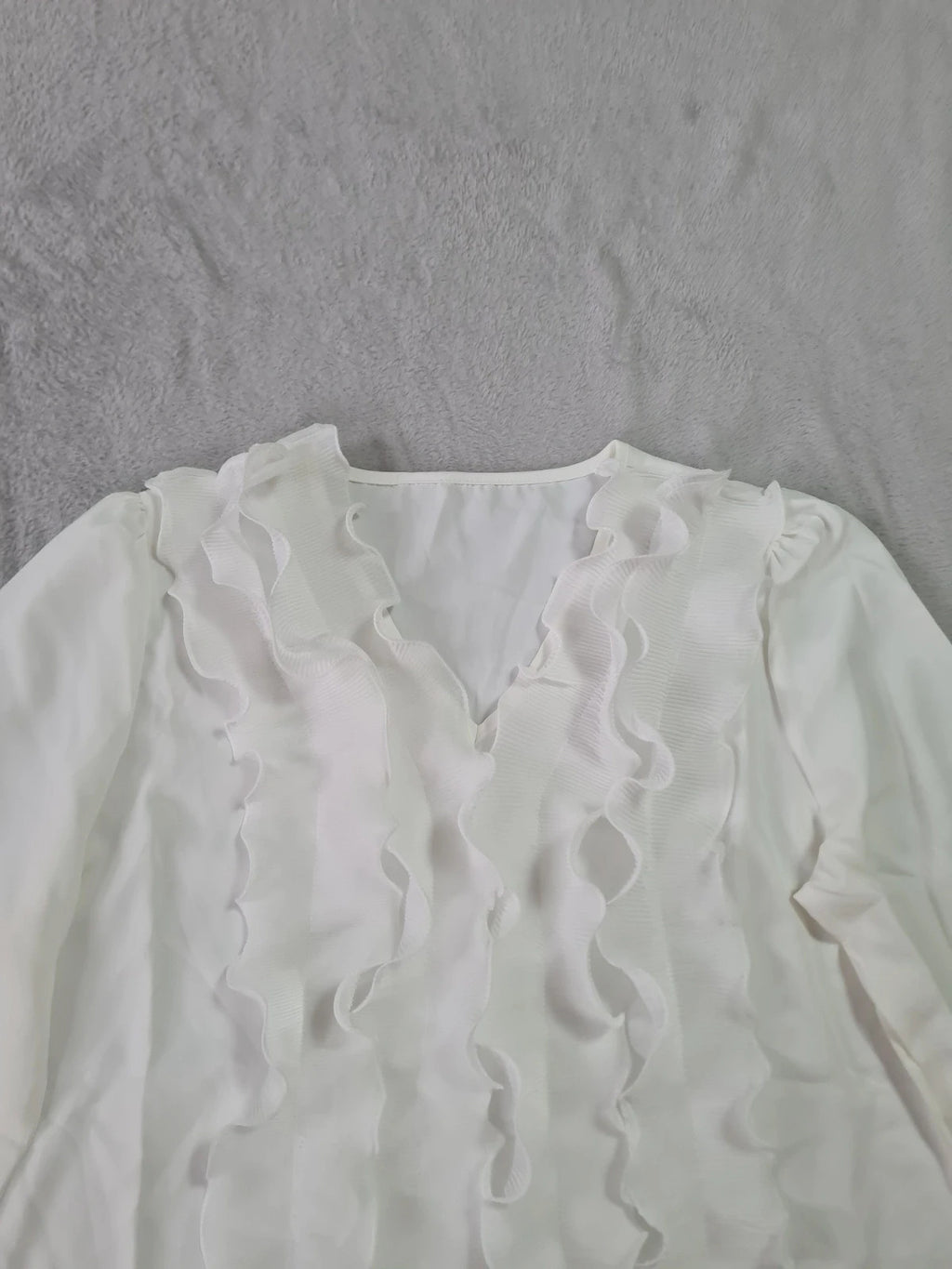 Generic women white long sleeve blouse ruffle trim front V-neck elegant shirt top Xmas outfit L/12