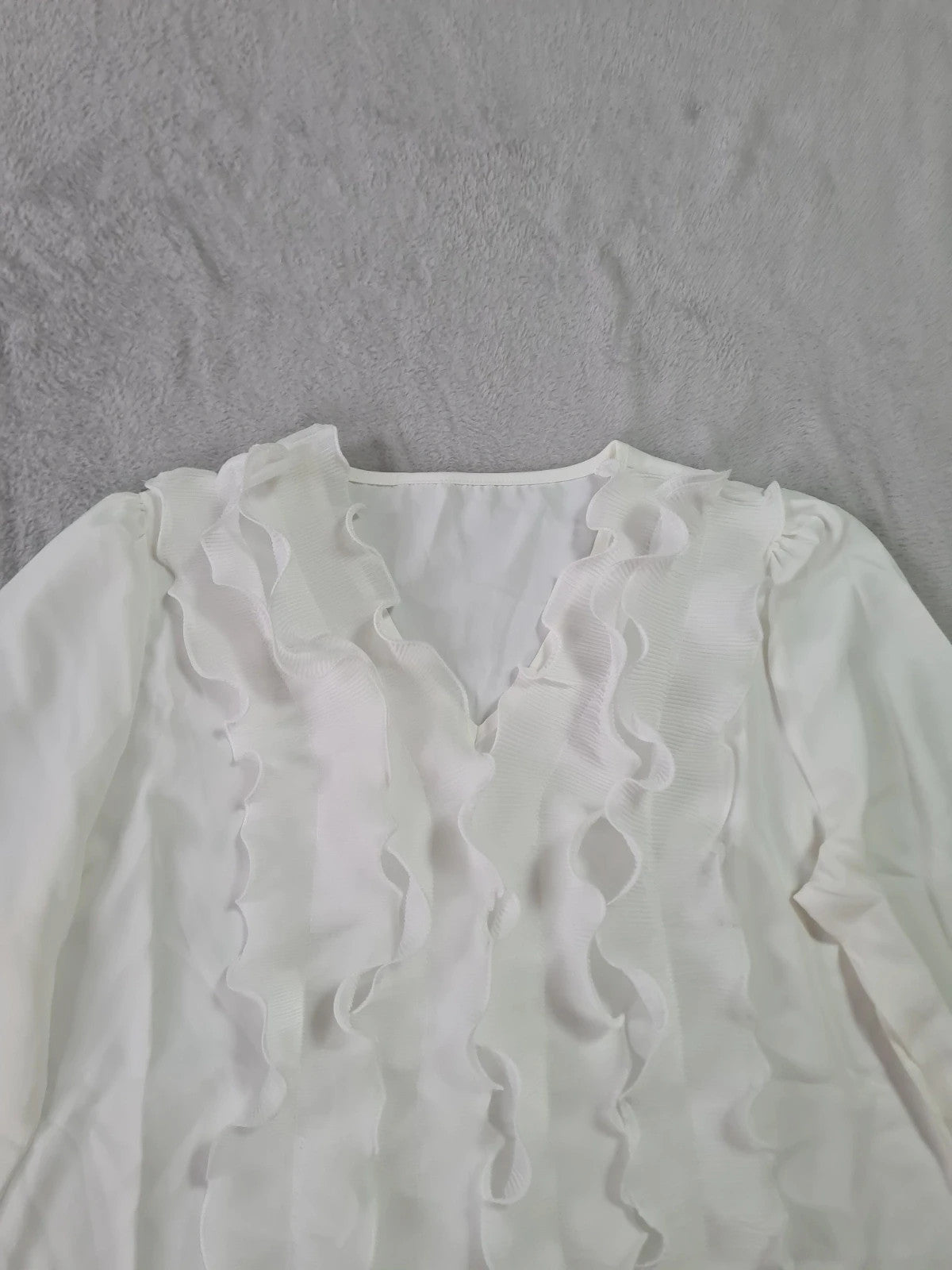 Generic women white long sleeve blouse ruffle trim front V-neck elegant shirt top Xmas outfit L/12