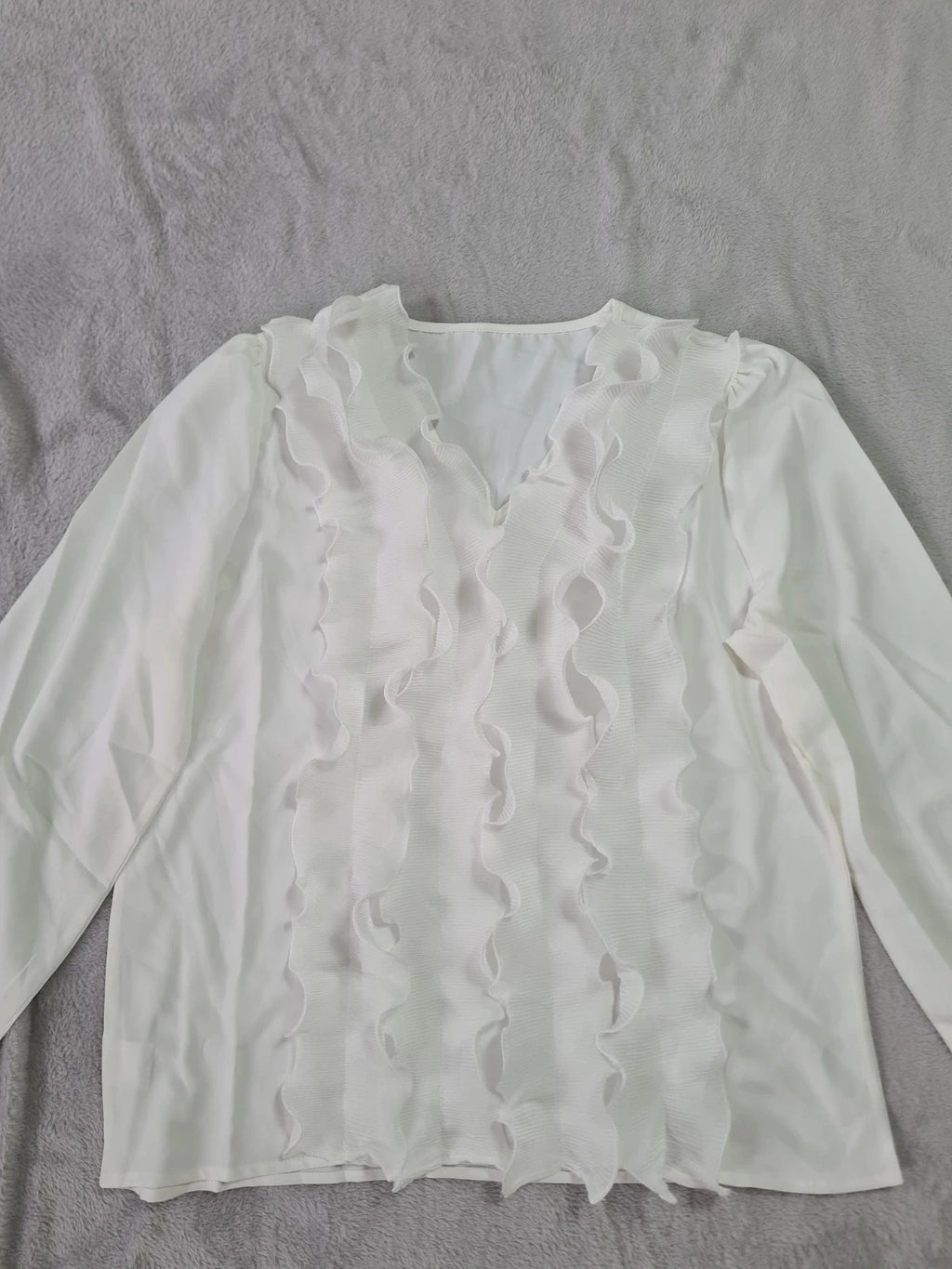 Generic women white long sleeve blouse ruffle trim front V-neck elegant shirt top Xmas outfit L/12